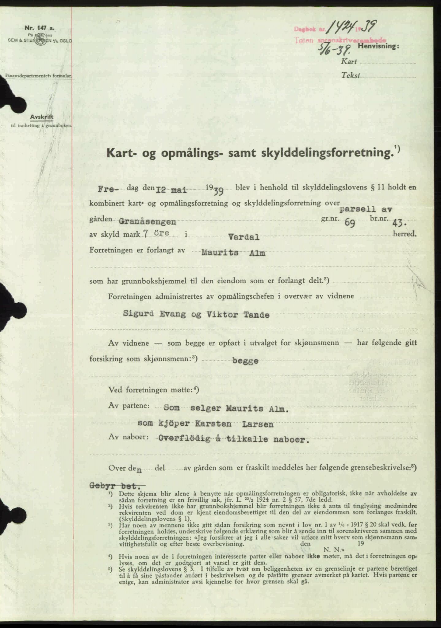 Toten tingrett, SAH/TING-006/H/Hb/Hbc/L0006: Mortgage book no. Hbc-06, 1939-1939, Diary no: : 1424/1939