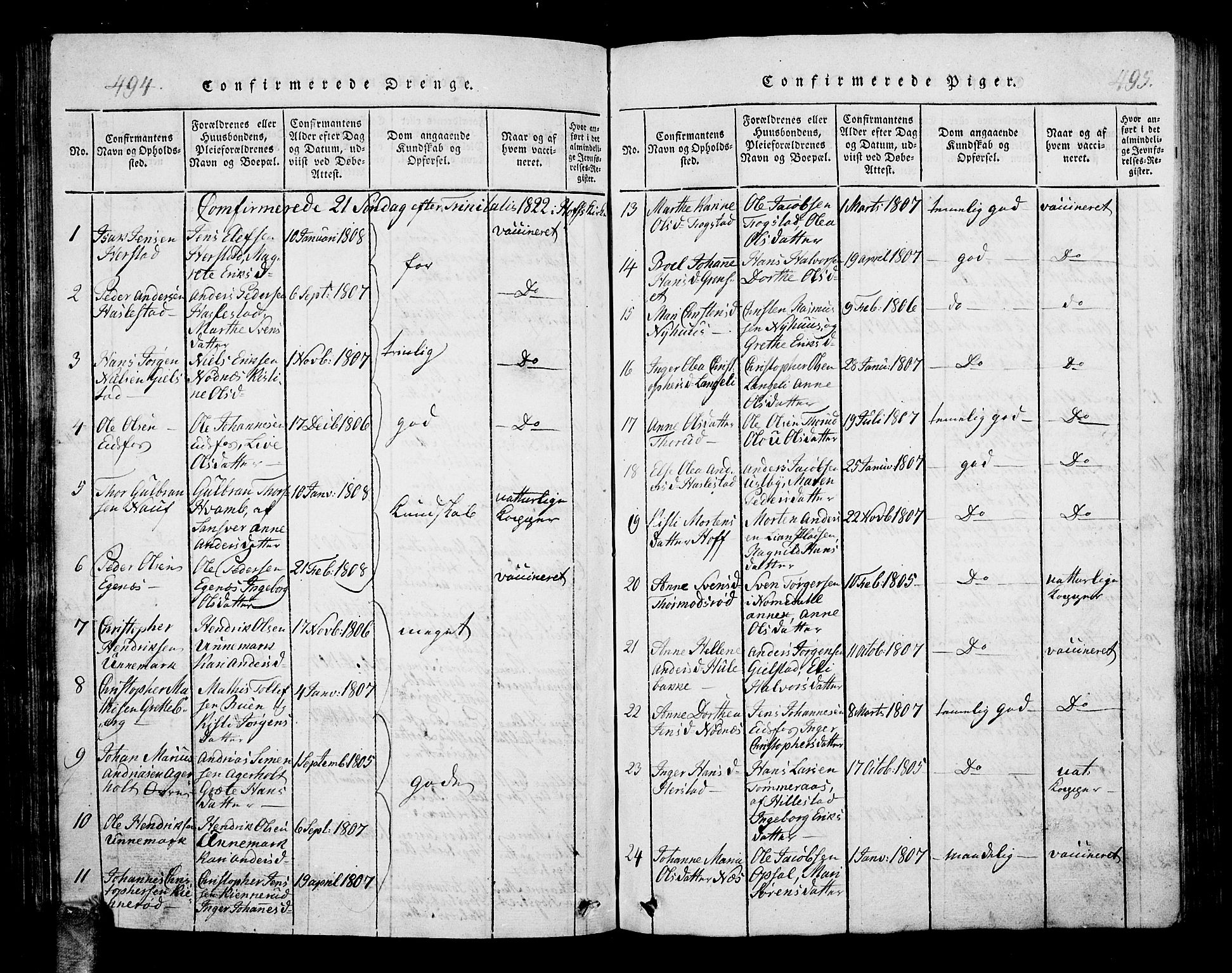 Hof kirkebøker, AV/SAKO-A-64/G/Ga/L0001: Parish register (copy) no. I 1, 1814-1844, p. 494-495