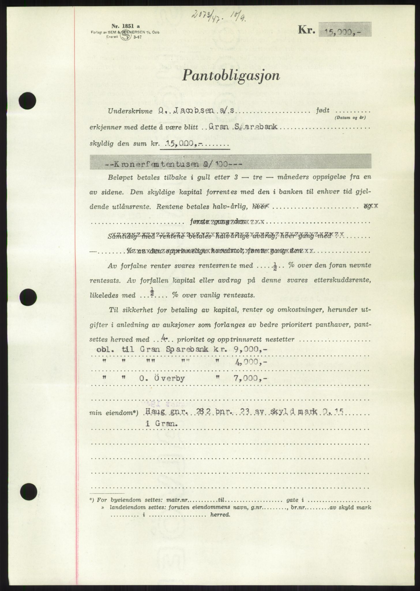 Hadeland og Land tingrett, AV/SAH-TING-010/H/Hb/Hbc/L0012: Mortgage book no. B12, 1947-1947, Diary no: : 2073/1947