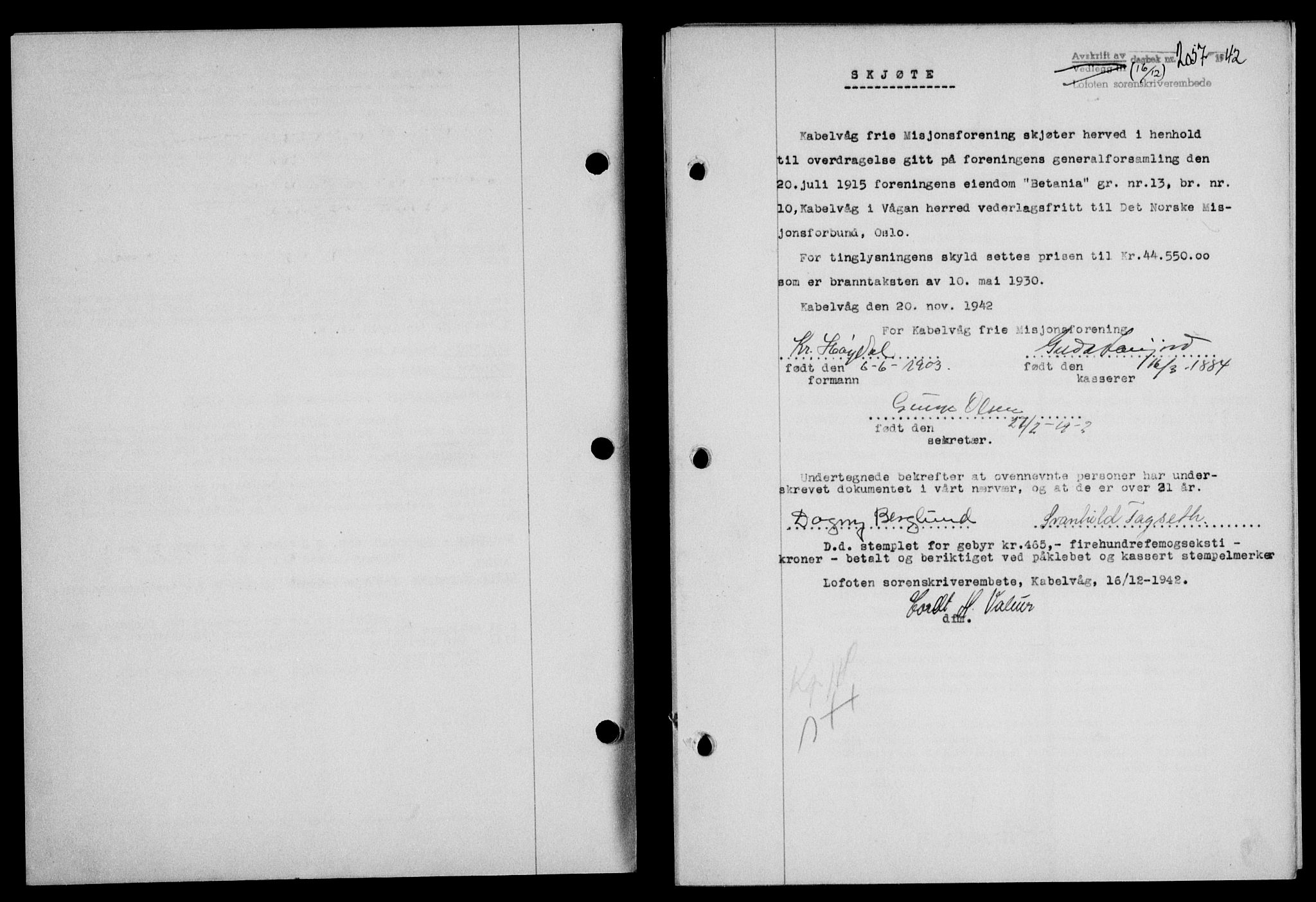 Lofoten sorenskriveri, SAT/A-0017/1/2/2C/L0010a: Mortgage book no. 10a, 1942-1943, Diary no: : 2057/1942