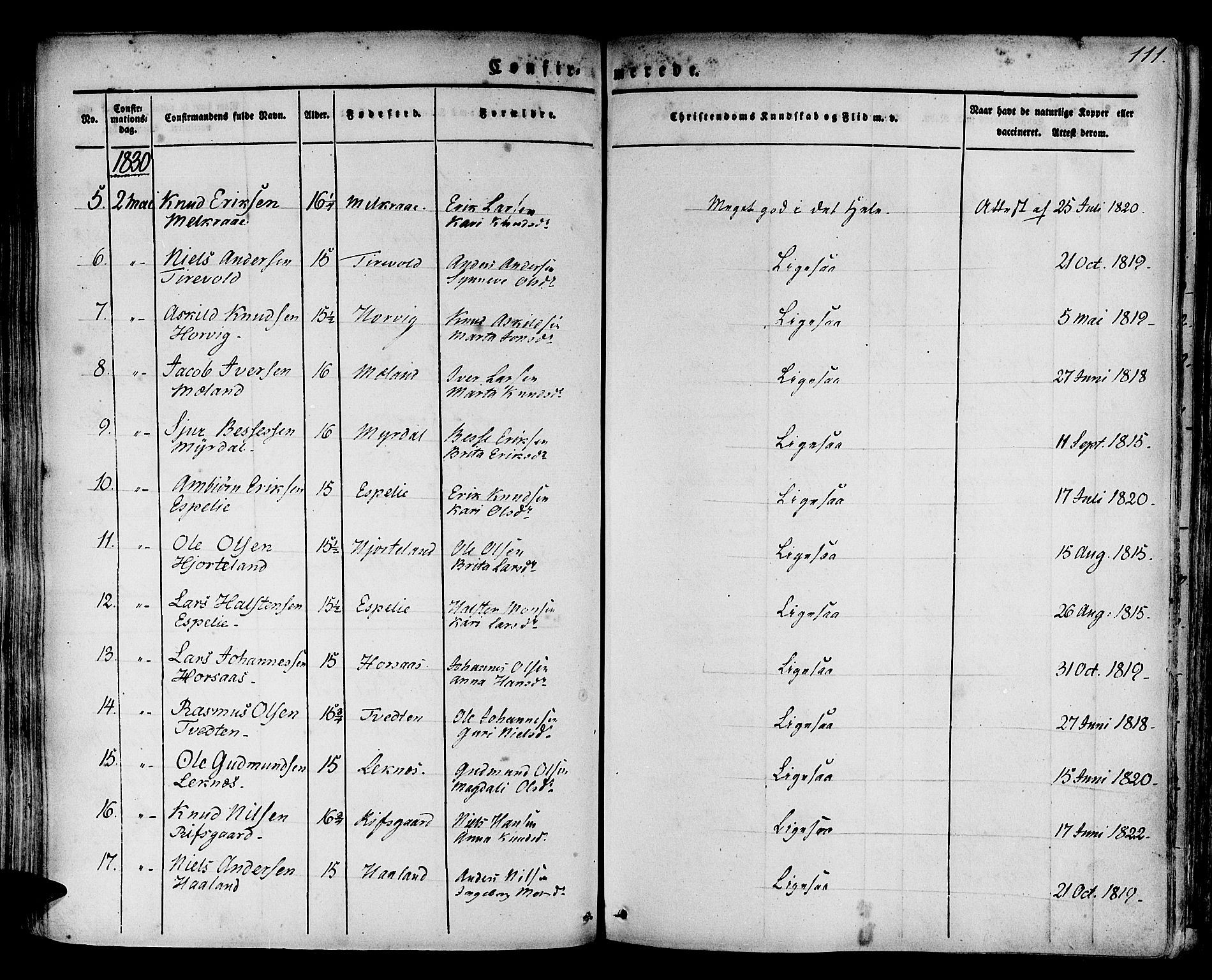 Hamre sokneprestembete, AV/SAB-A-75501/H/Ha/Haa/Haaa/L0011: Parish register (official) no. A 11, 1826-1834, p. 111