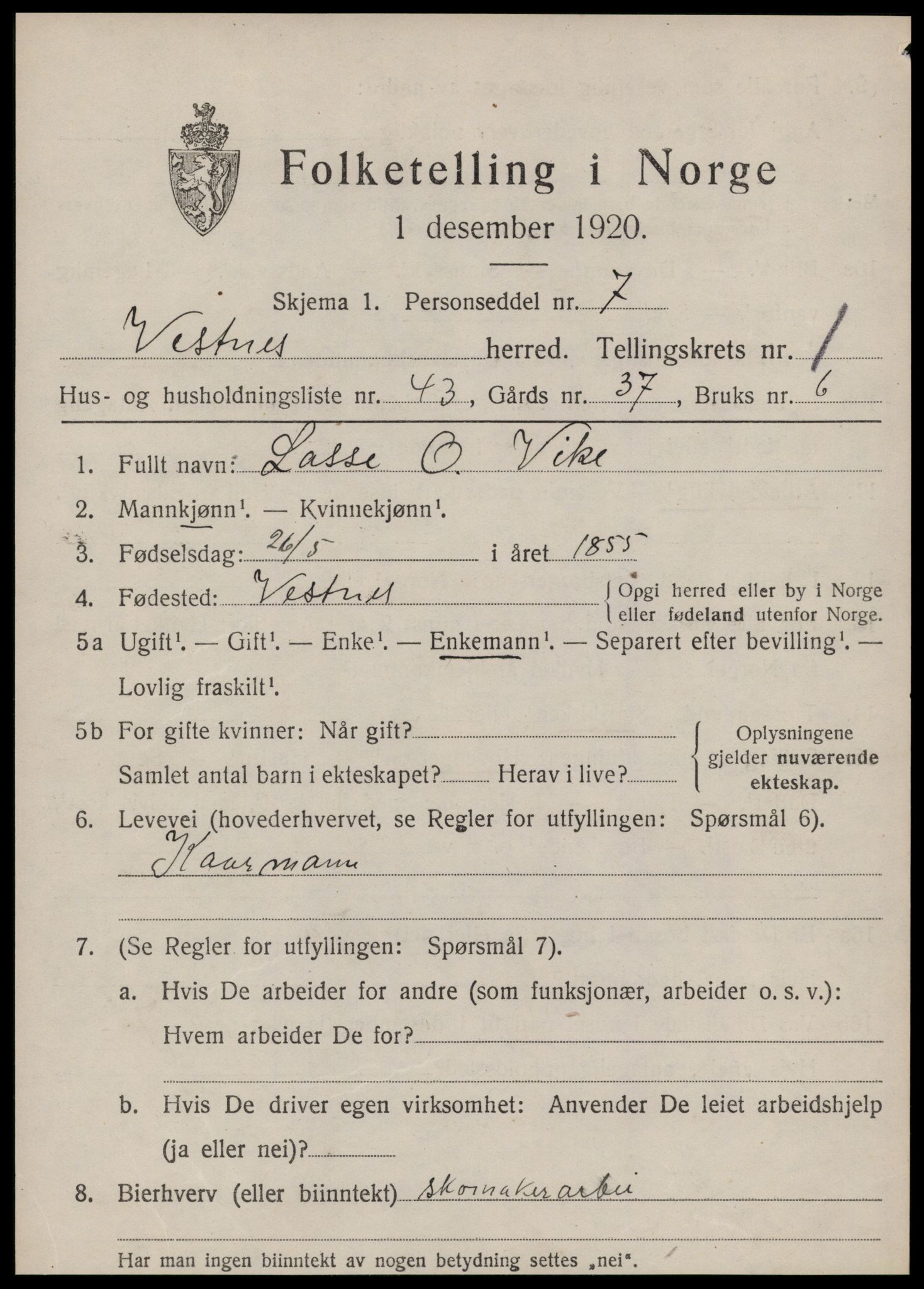 SAT, 1920 census for Vestnes, 1920, p. 1745