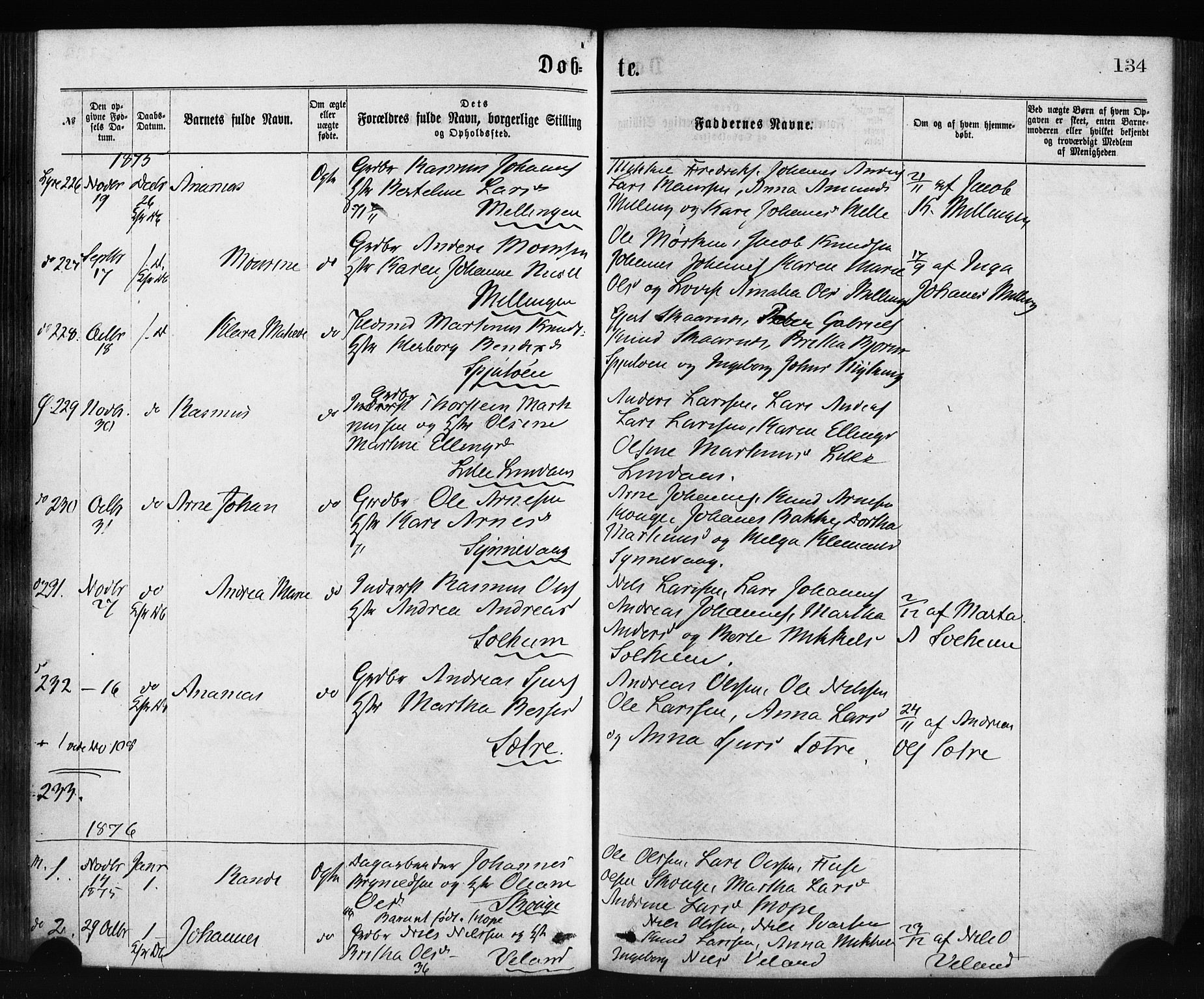 Lindås Sokneprestembete, SAB/A-76701/H/Haa: Parish register (official) no. A 18, 1869-1885, p. 134
