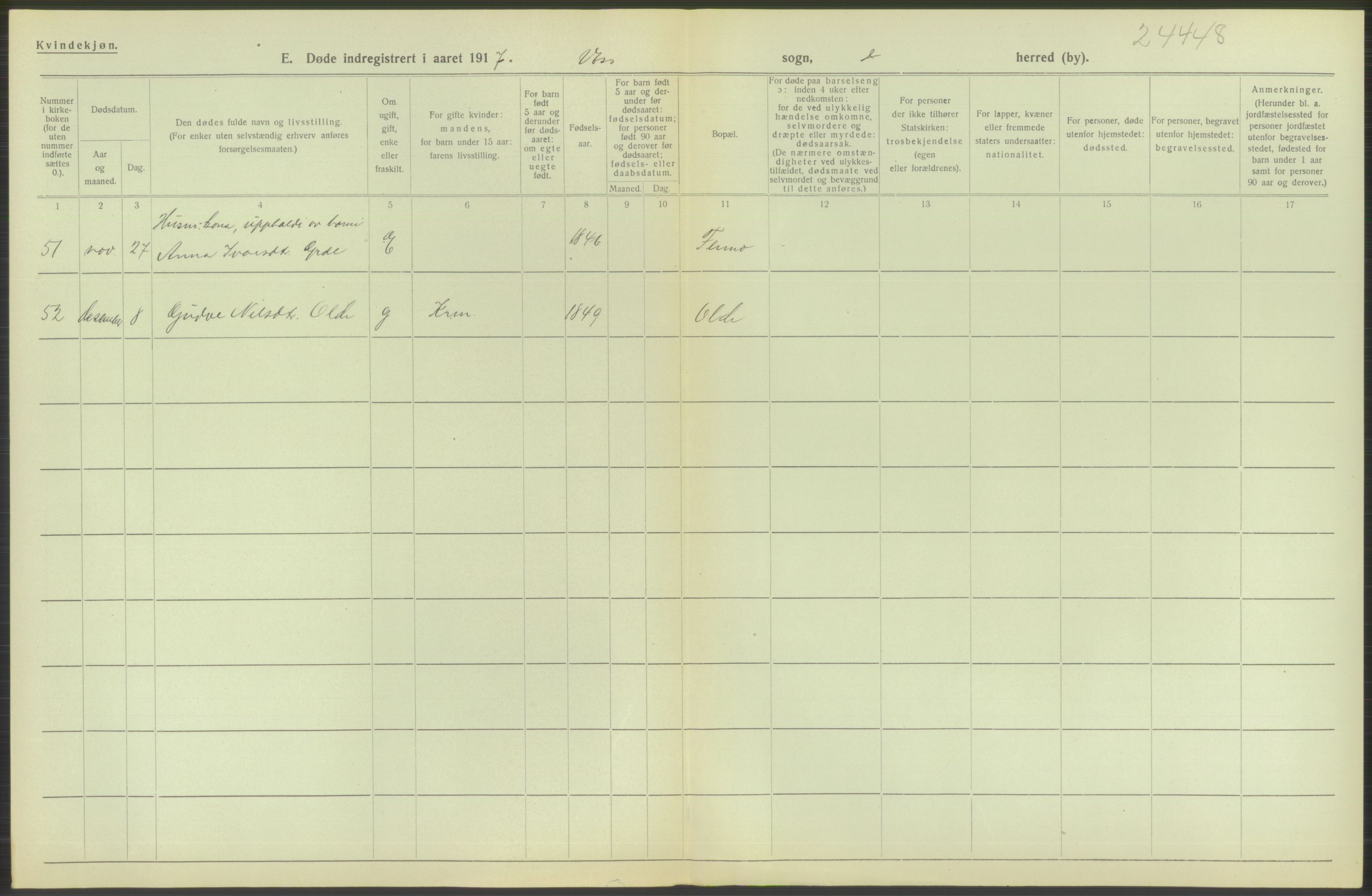 Statistisk sentralbyrå, Sosiodemografiske emner, Befolkning, RA/S-2228/D/Df/Dfb/Dfbg/L0036: S. Bergenhus amt: Døde, dødfødte. Bygder., 1917, p. 438