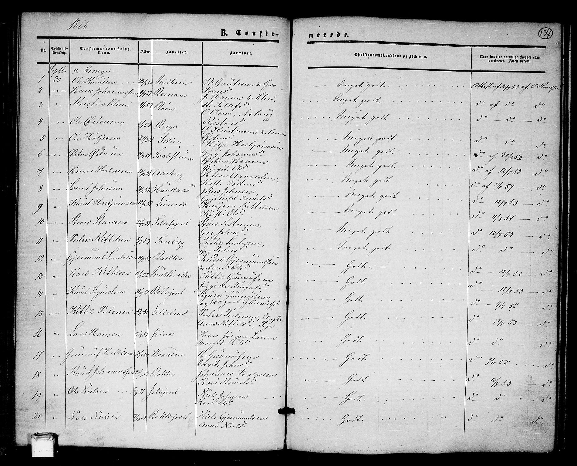Tinn kirkebøker, SAKO/A-308/G/Ga/L0002: Parish register (copy) no. I 2, 1851-1883, p. 137