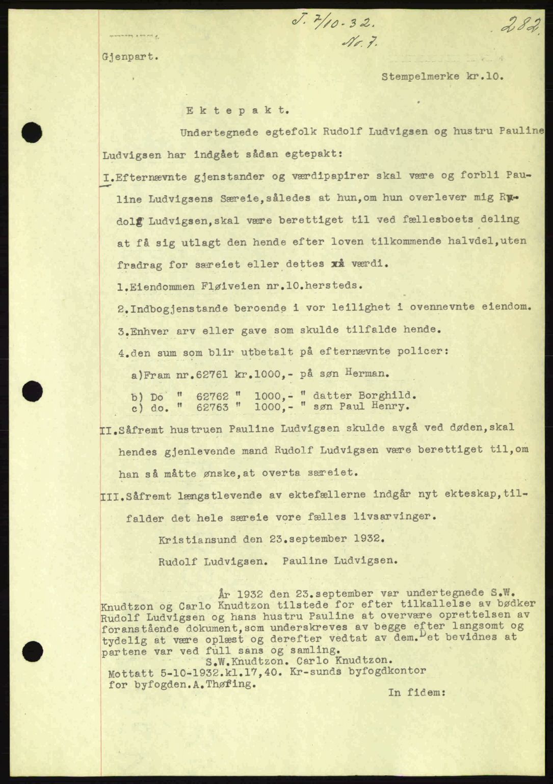 Kristiansund byfogd, AV/SAT-A-4587/A/27: Mortgage book no. 26, 1931-1933, Deed date: 07.10.1932