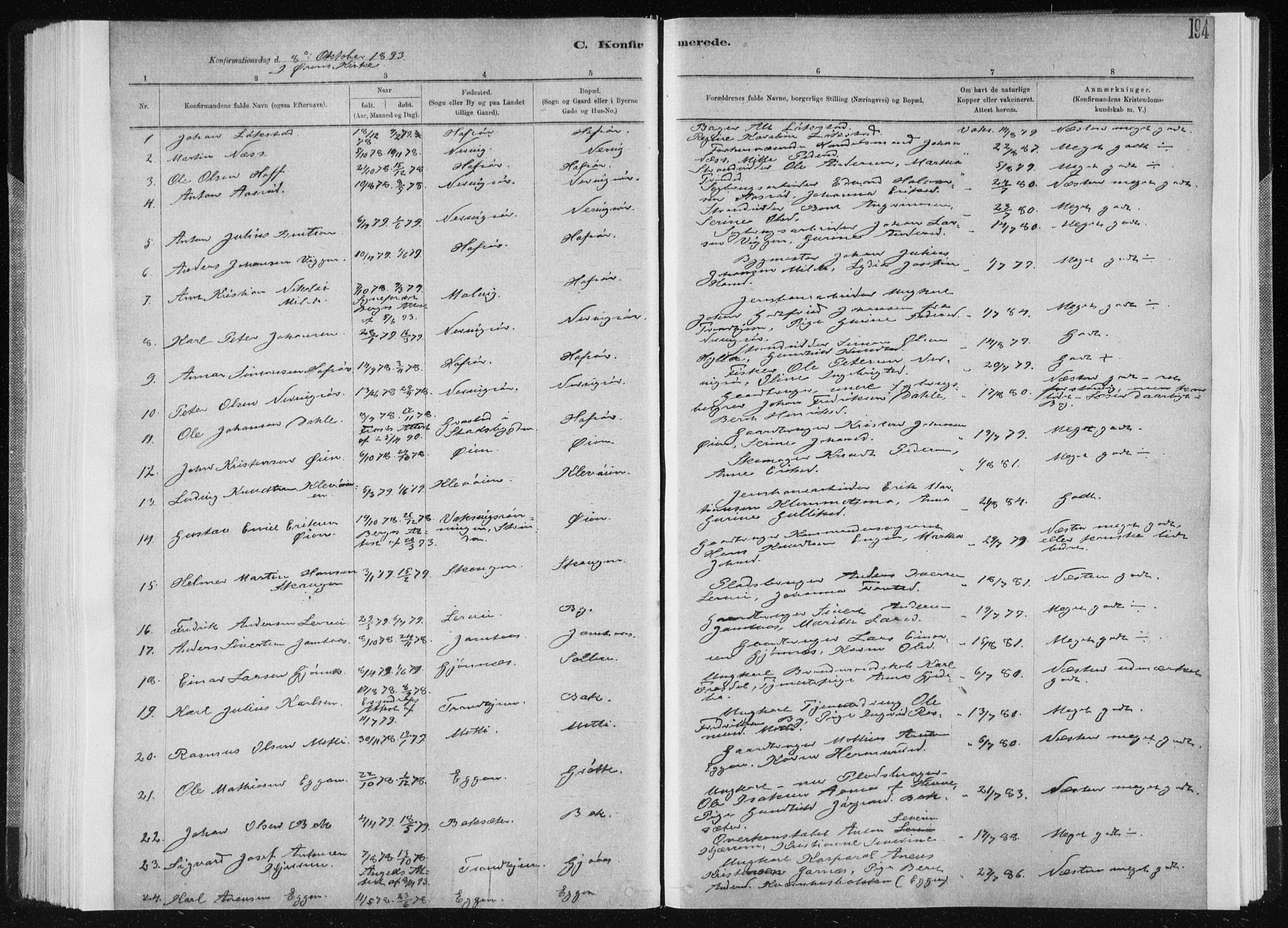 Ministerialprotokoller, klokkerbøker og fødselsregistre - Sør-Trøndelag, SAT/A-1456/668/L0818: Parish register (copy) no. 668C07, 1885-1898, p. 194