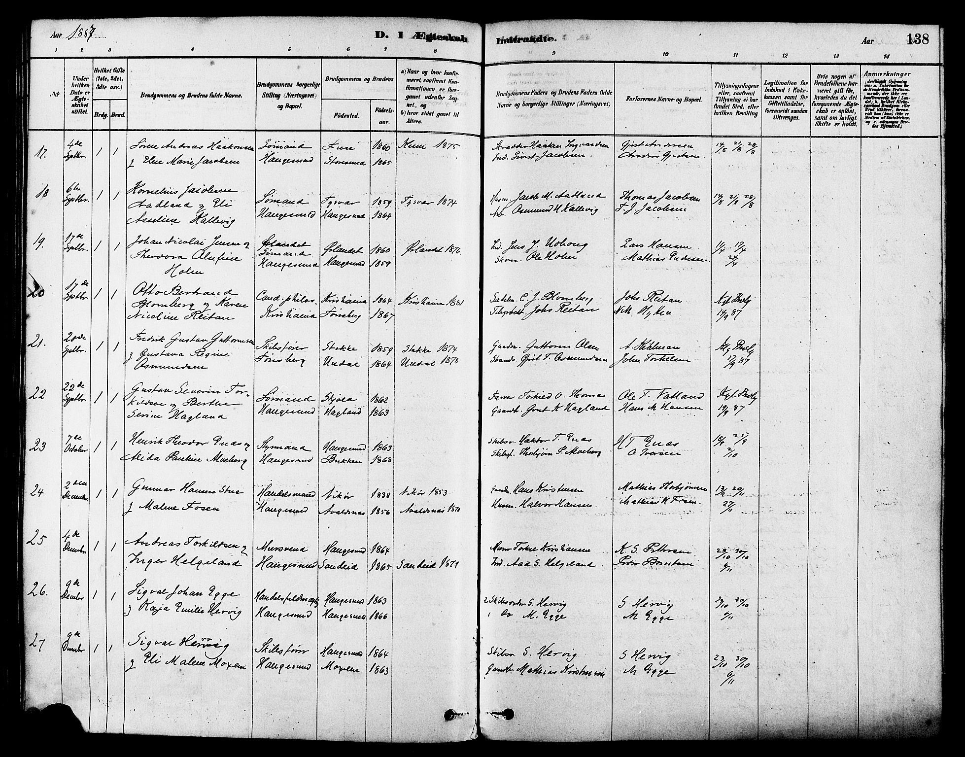 Haugesund sokneprestkontor, AV/SAST-A -101863/H/Ha/Haa/L0003: Parish register (official) no. A 3, 1885-1890, p. 138