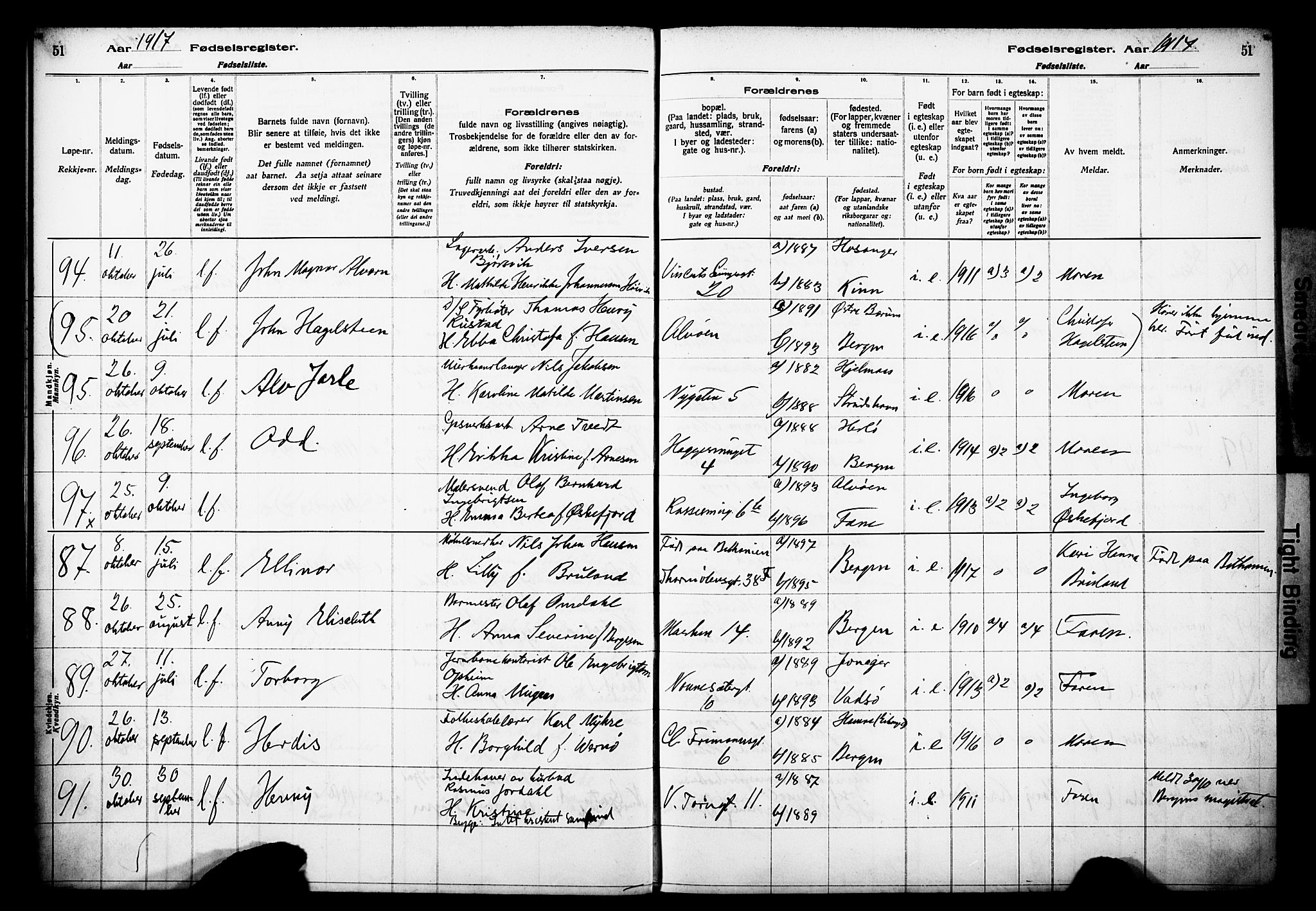 Domkirken sokneprestembete, AV/SAB-A-74801/I/Id/L00A1: Birth register no. A 1, 1916-1923, p. 51