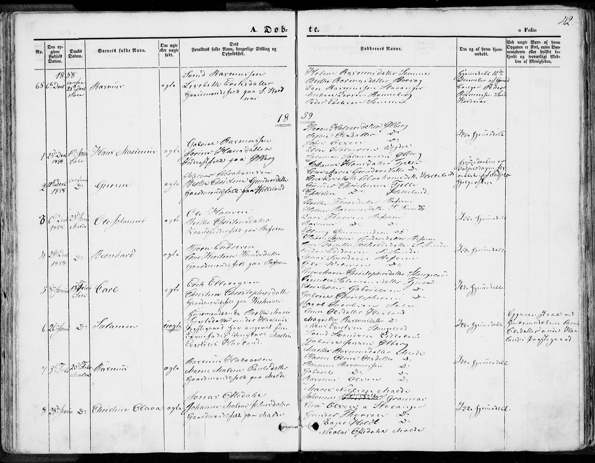 Håland sokneprestkontor, AV/SAST-A-101802/001/30BA/L0007: Parish register (official) no. A 7.1, 1854-1870, p. 42