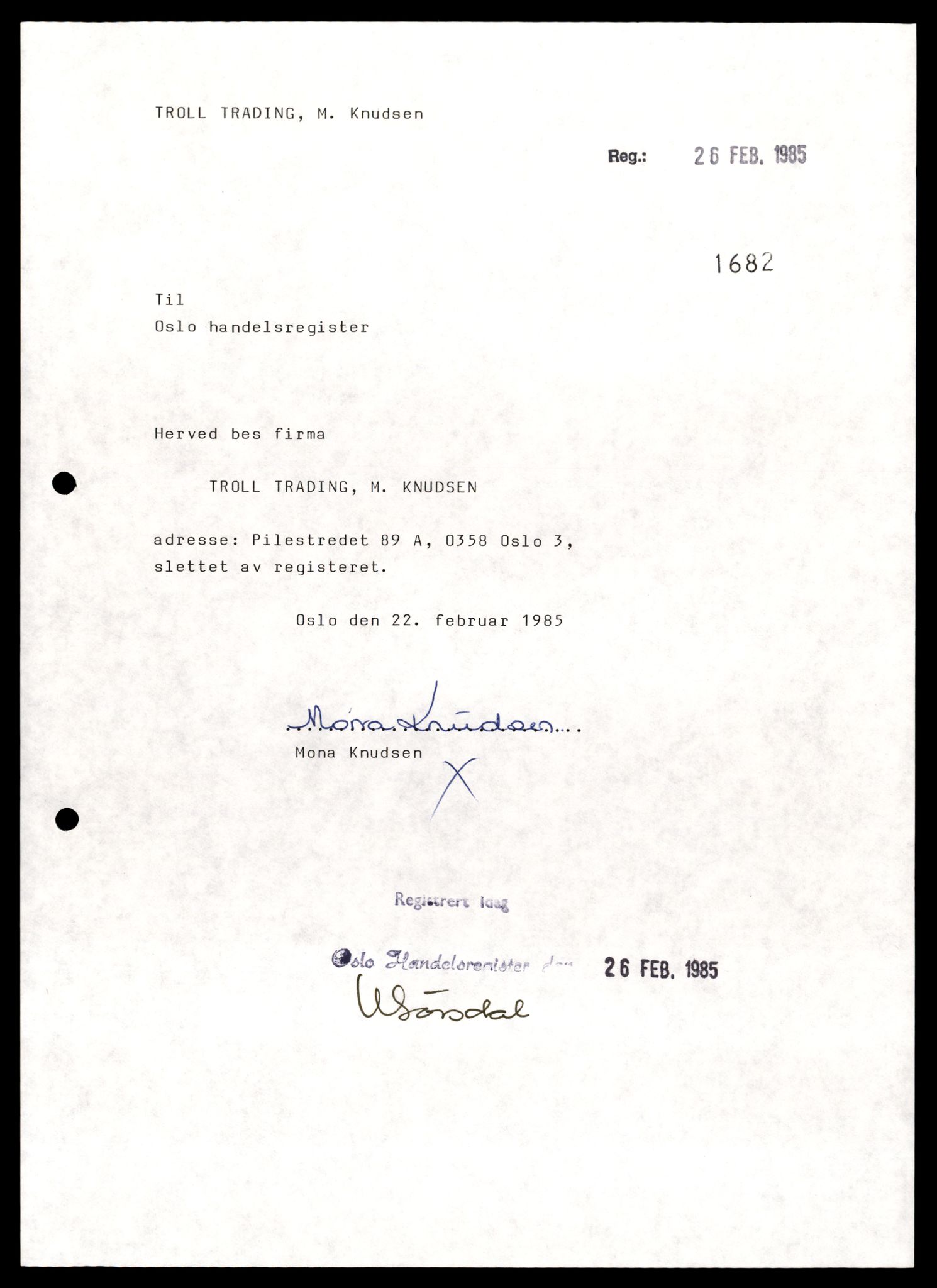 Oslo byfogd, Handelsregisteret, AV/SAT-A-10867/G/Gb/Gbb/L0081: Registreringsmeldinger, Tro-Ø, 1985, p. 5