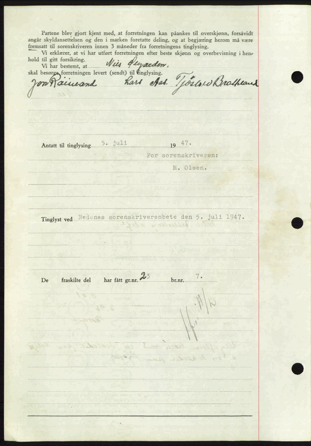 Nedenes sorenskriveri, AV/SAK-1221-0006/G/Gb/Gba/L0057: Mortgage book no. A9, 1947-1947, Diary no: : 925/1947