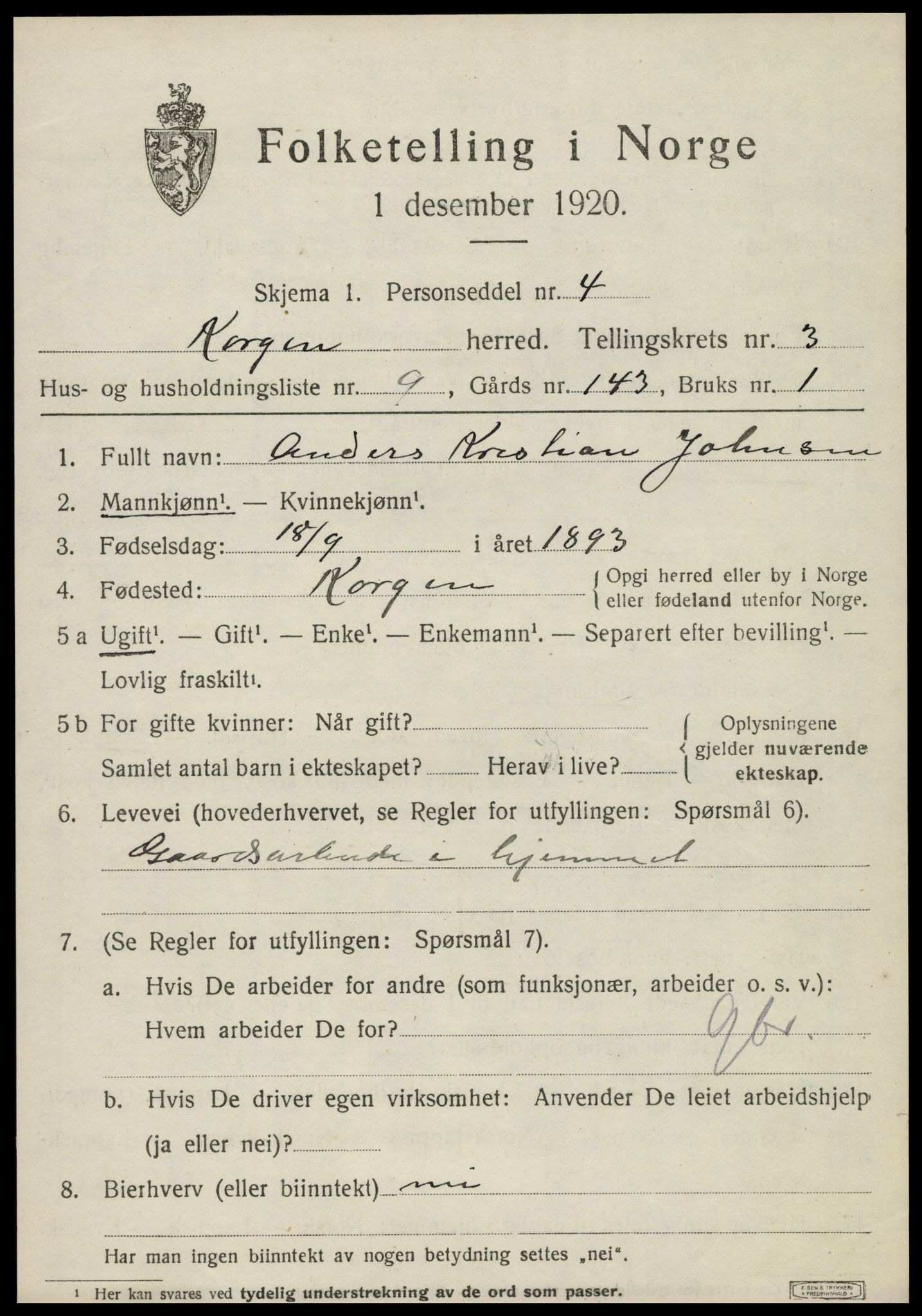 SAT, 1920 census for Korgen, 1920, p. 1494