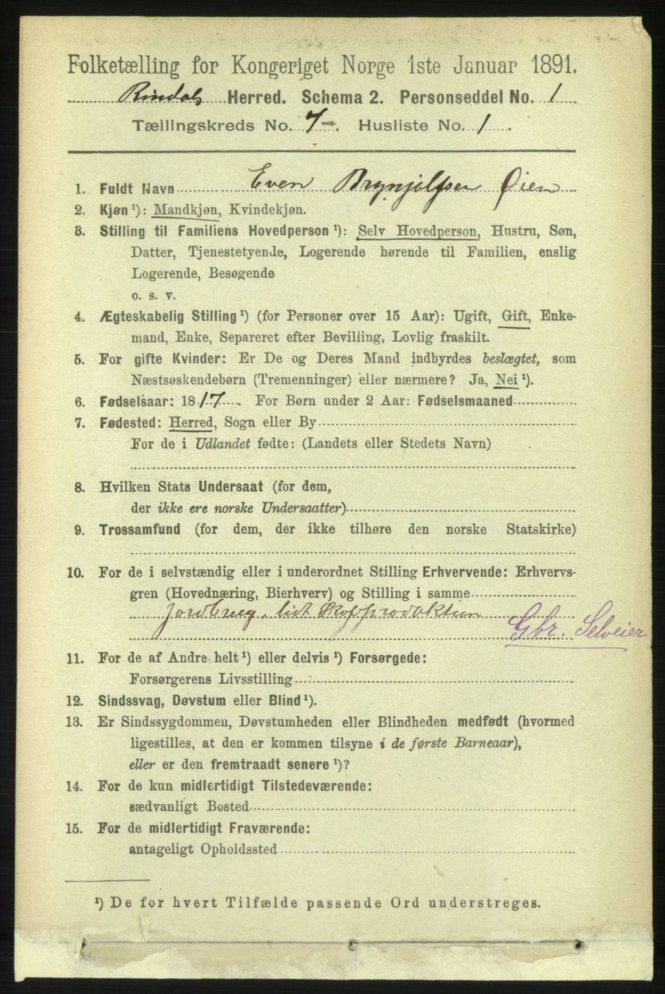 RA, 1891 census for 1567 Rindal, 1891, p. 2026