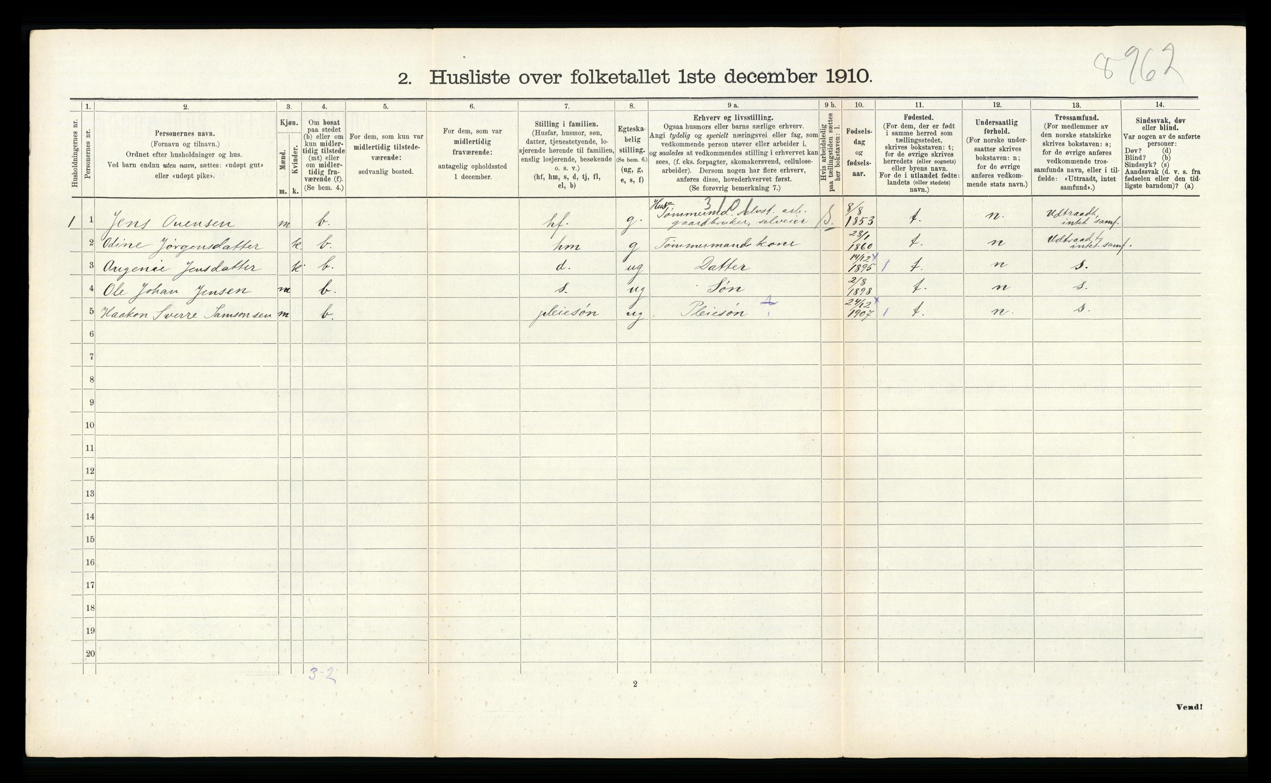 RA, 1910 census for Vennesla, 1910, p. 585