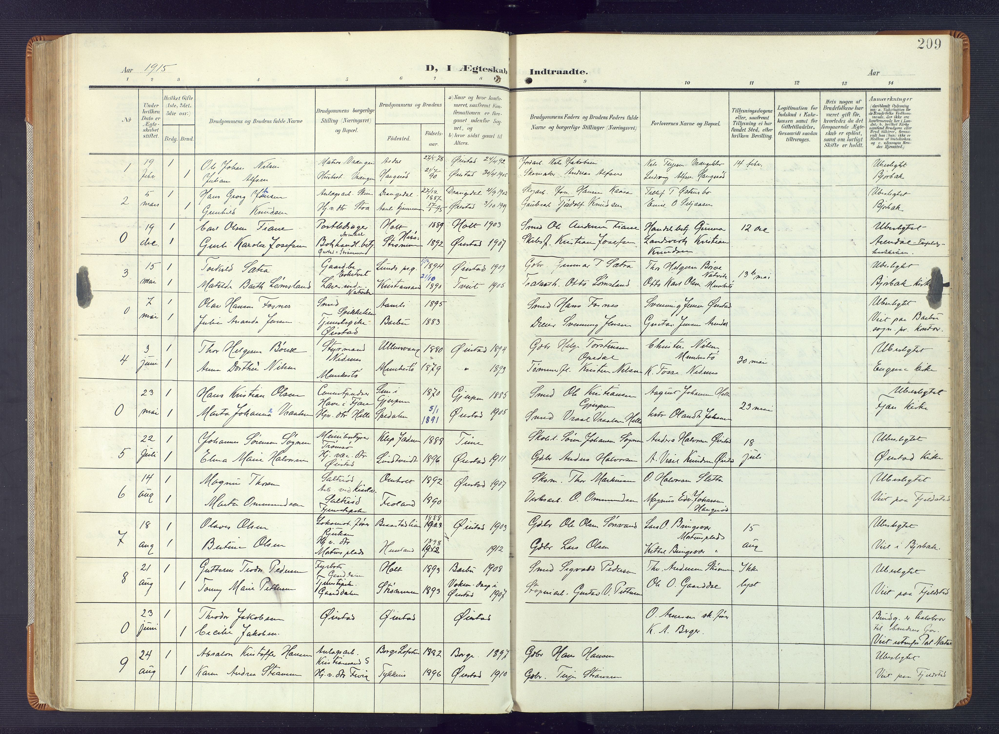 Øyestad sokneprestkontor, AV/SAK-1111-0049/F/Fa/L0019: Parish register (official) no. A 19, 1908-1922, p. 209