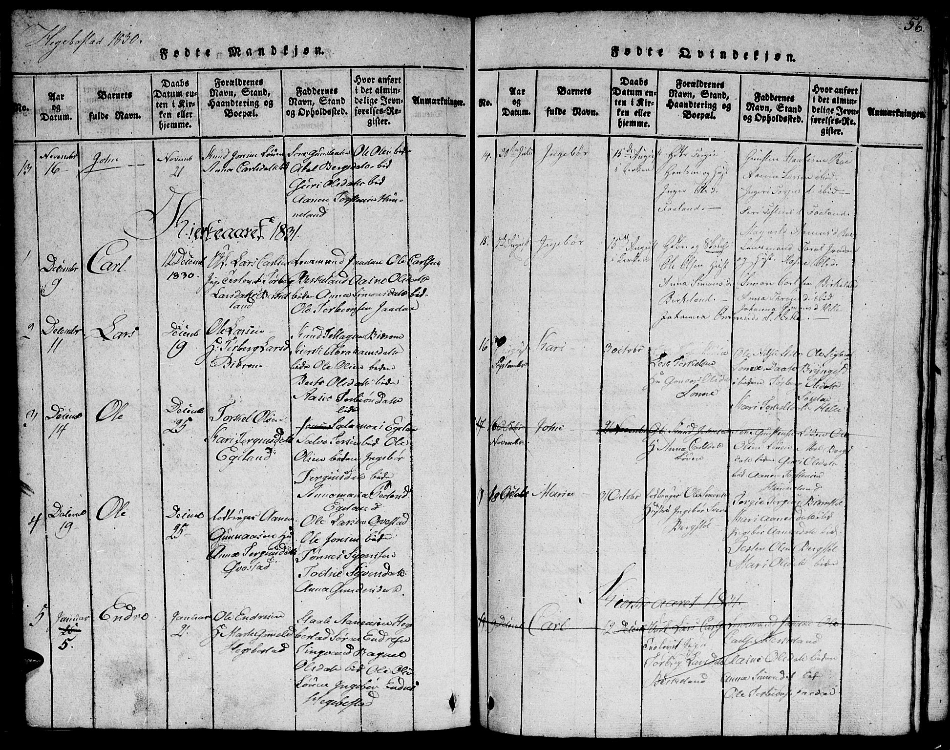 Hægebostad sokneprestkontor, AV/SAK-1111-0024/F/Fb/Fba/L0001: Parish register (copy) no. B 1, 1815-1844, p. 56