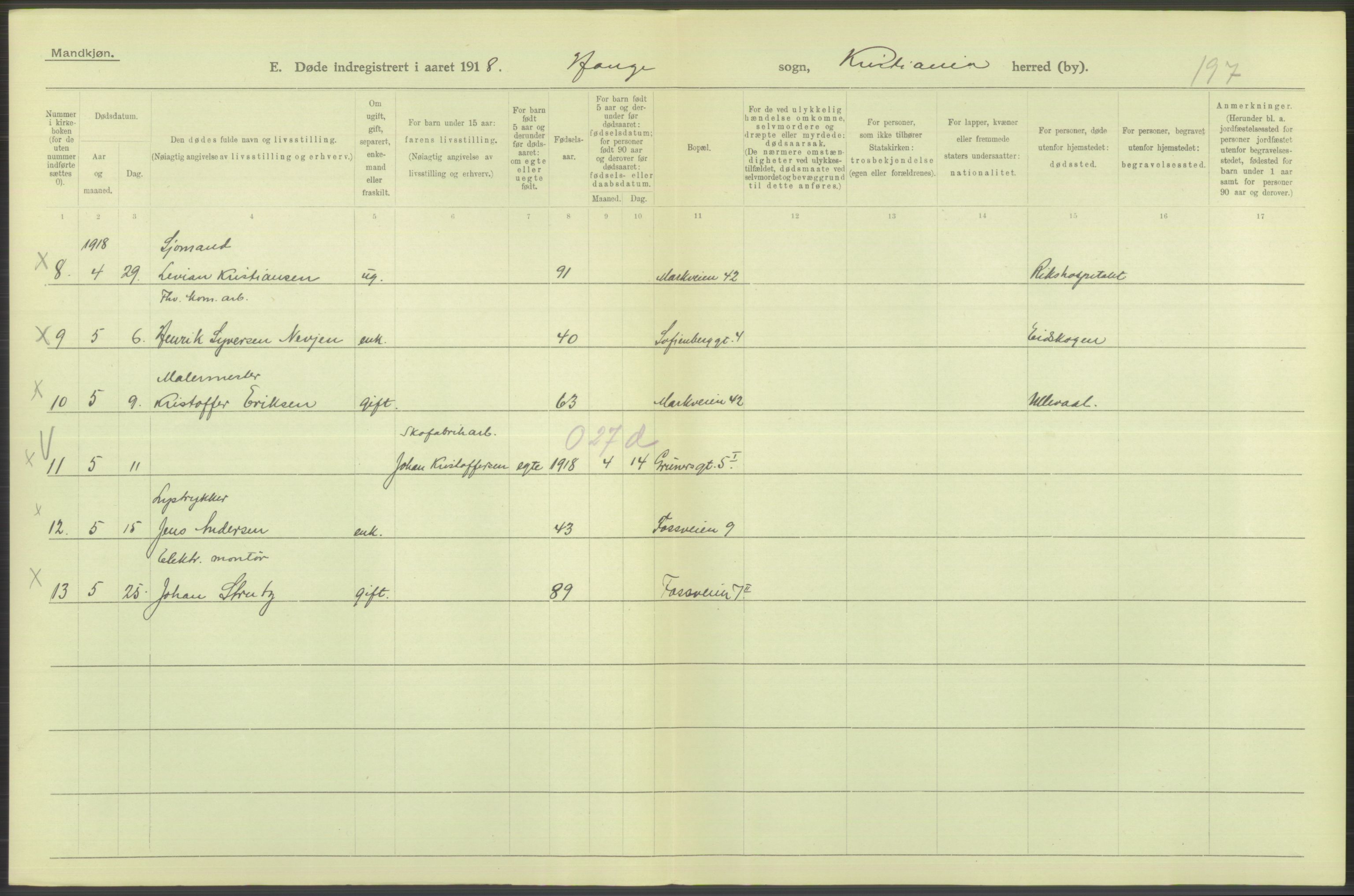 Statistisk sentralbyrå, Sosiodemografiske emner, Befolkning, AV/RA-S-2228/D/Df/Dfb/Dfbh/L0010: Kristiania: Døde, 1918, p. 736