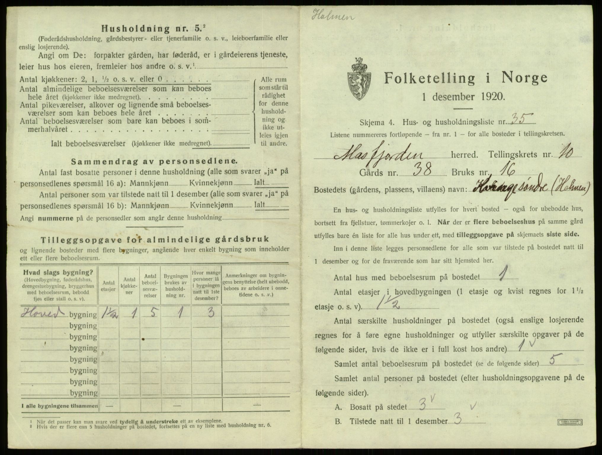 SAB, 1920 census for Masfjorden, 1920, p. 533