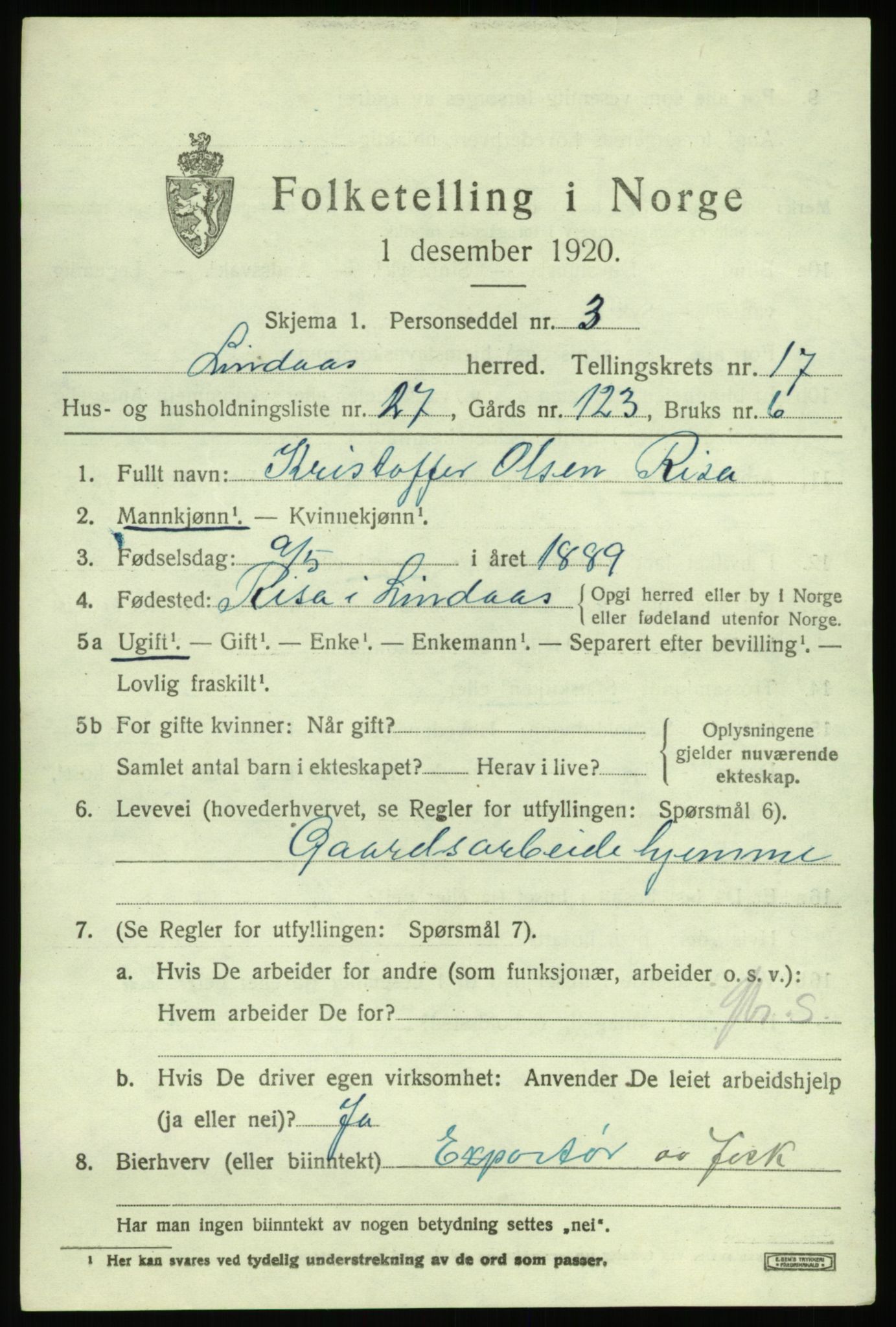 SAB, 1920 census for Lindås, 1920, p. 9301