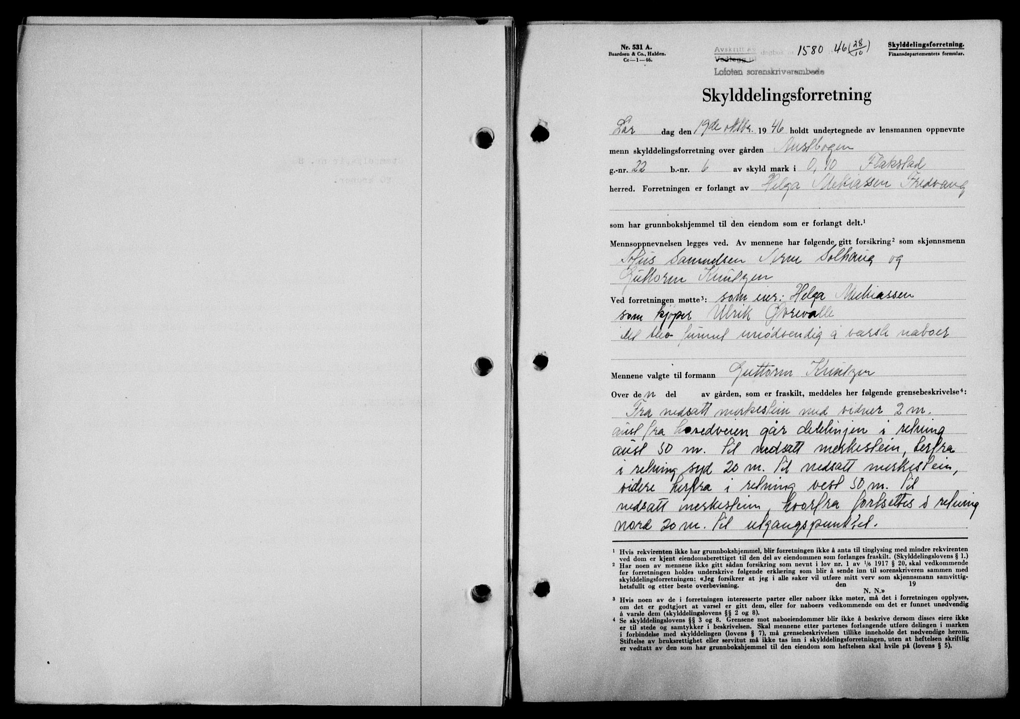 Lofoten sorenskriveri, SAT/A-0017/1/2/2C/L0014a: Mortgage book no. 14a, 1946-1946, Diary no: : 1580/1946