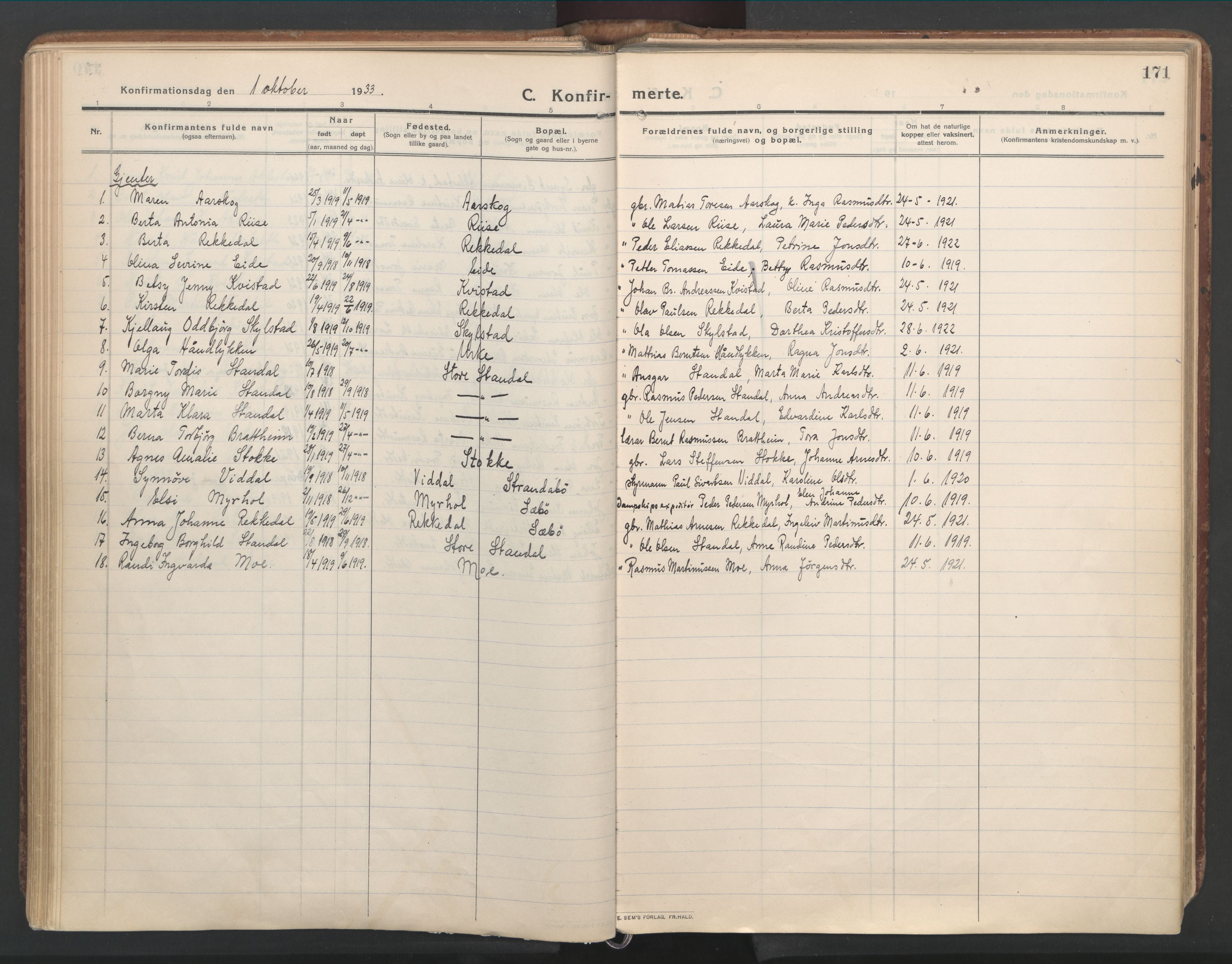 Ministerialprotokoller, klokkerbøker og fødselsregistre - Møre og Romsdal, AV/SAT-A-1454/515/L0212: Parish register (official) no. 515A08, 1911-1935, p. 171
