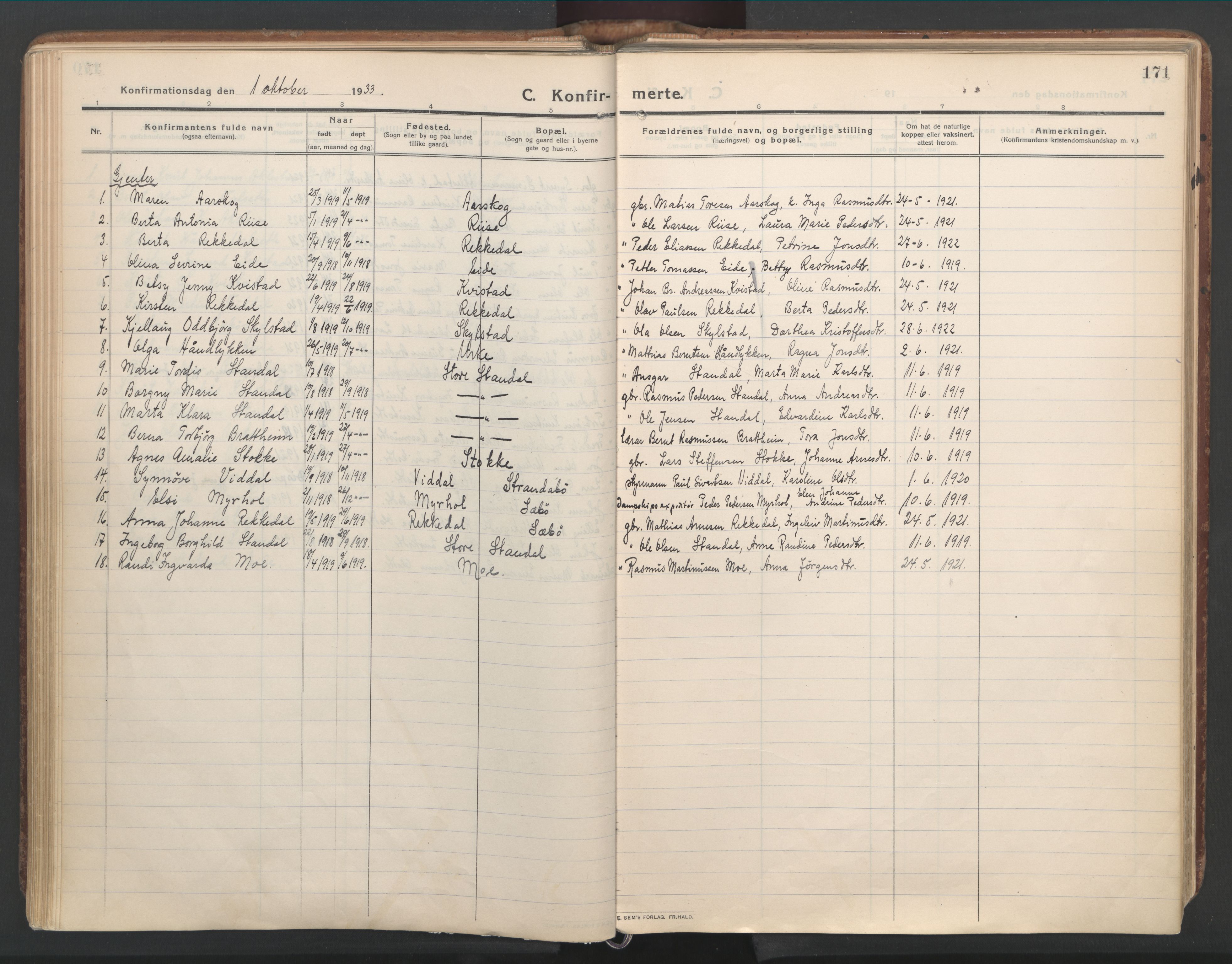 Ministerialprotokoller, klokkerbøker og fødselsregistre - Møre og Romsdal, SAT/A-1454/515/L0212: Parish register (official) no. 515A08, 1911-1935, p. 171