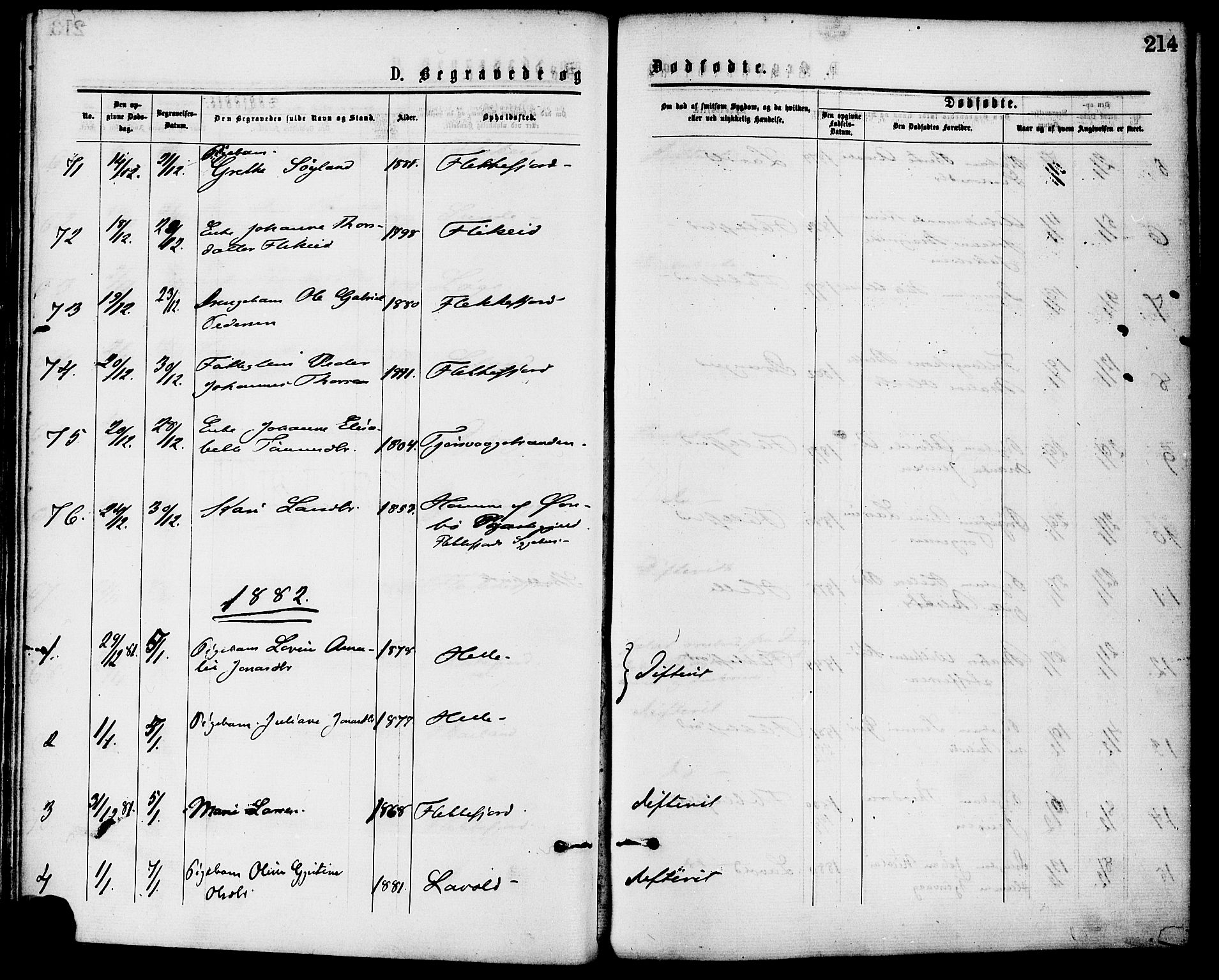 Flekkefjord sokneprestkontor, SAK/1111-0012/F/Fa/Fac/L0007: Parish register (official) no. A 7, 1875-1885, p. 214