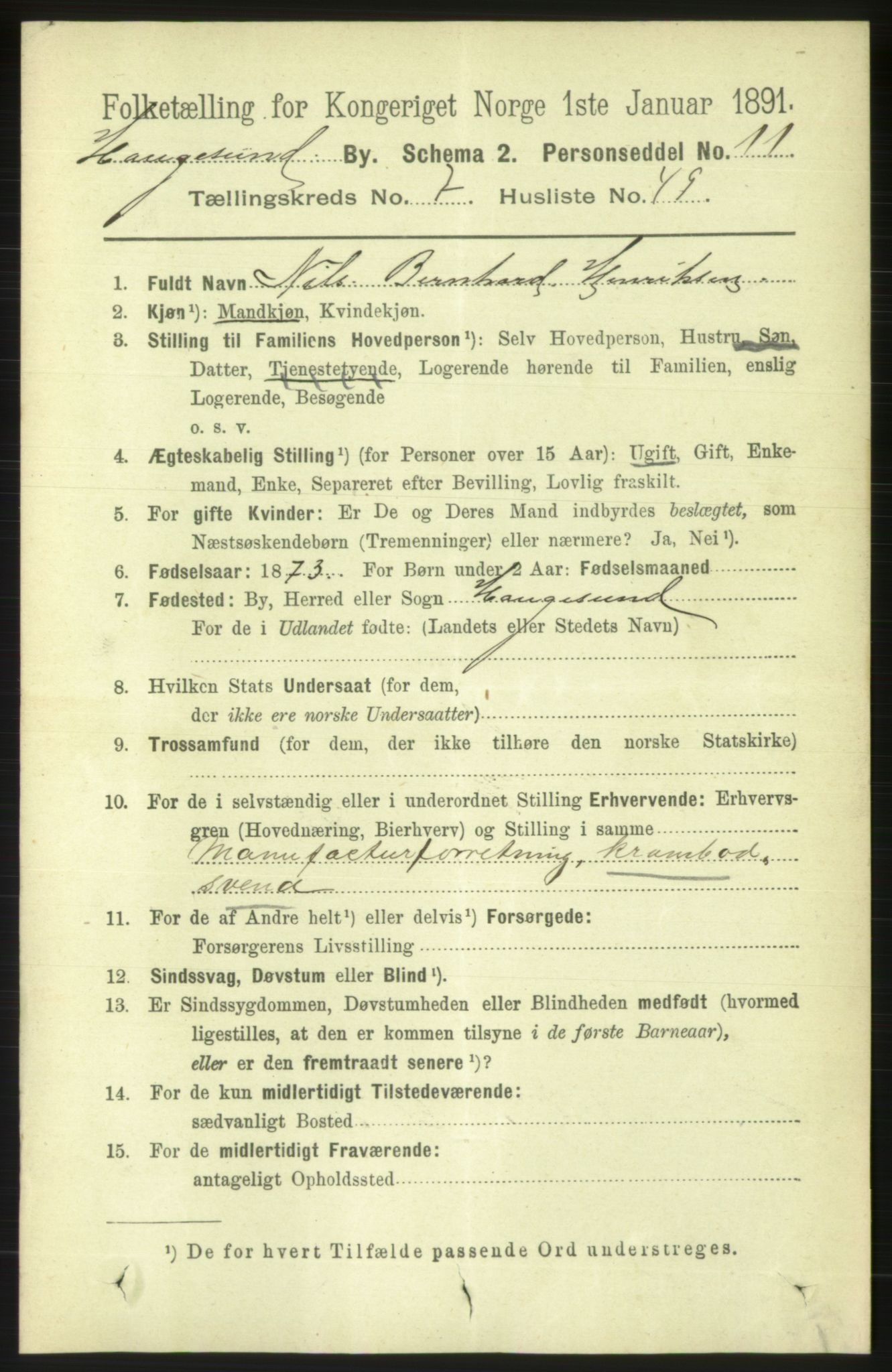 RA, 1891 census for 1106 Haugesund, 1891, p. 3684