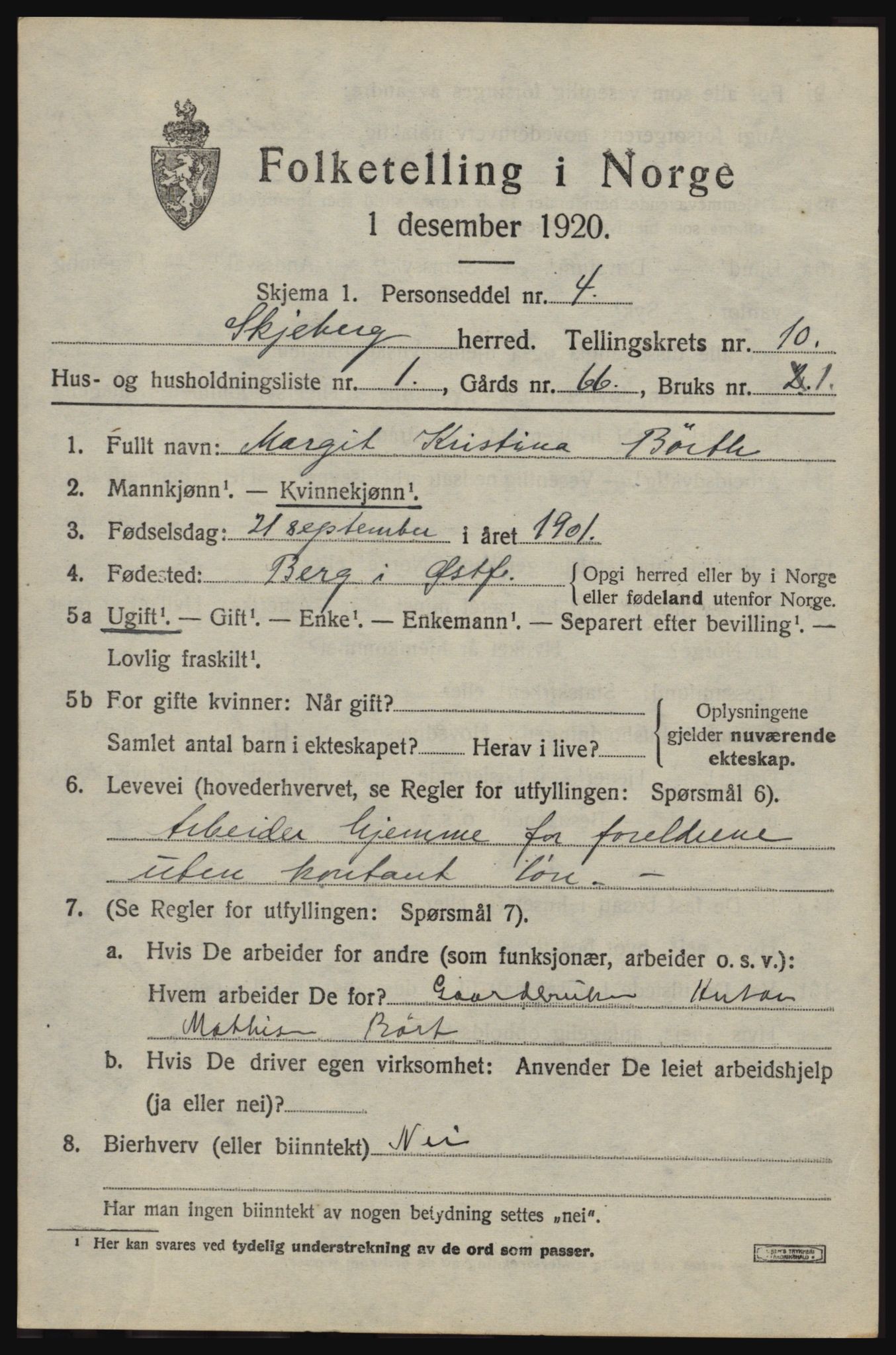 SAO, 1920 census for Skjeberg, 1920, p. 9085