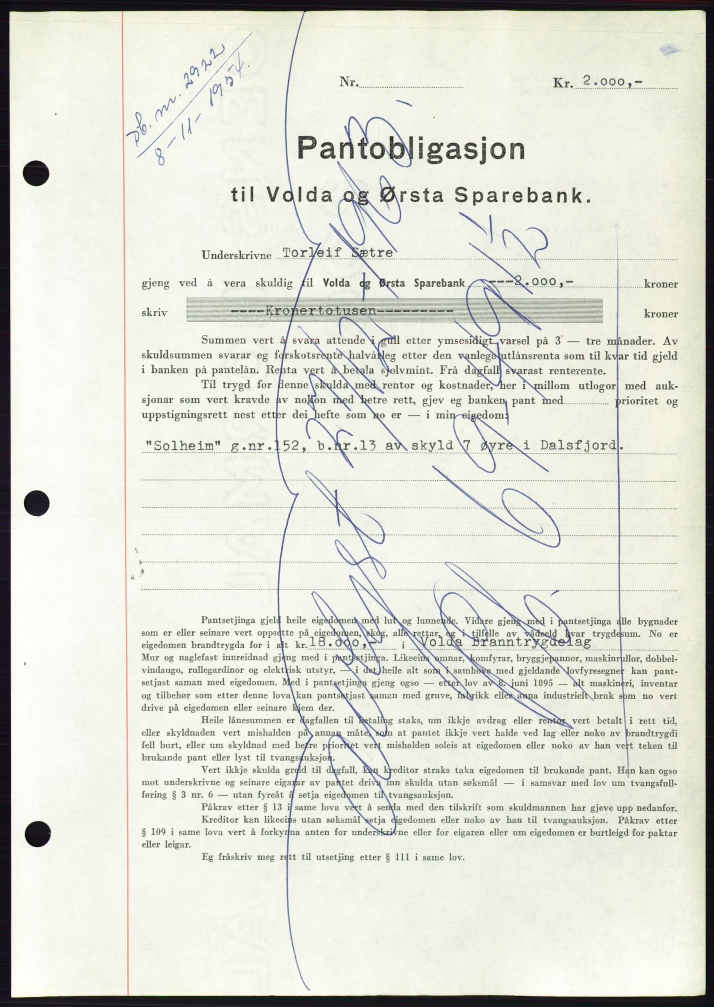 Søre Sunnmøre sorenskriveri, AV/SAT-A-4122/1/2/2C/L0126: Mortgage book no. 14B, 1954-1955, Diary no: : 2922/1954