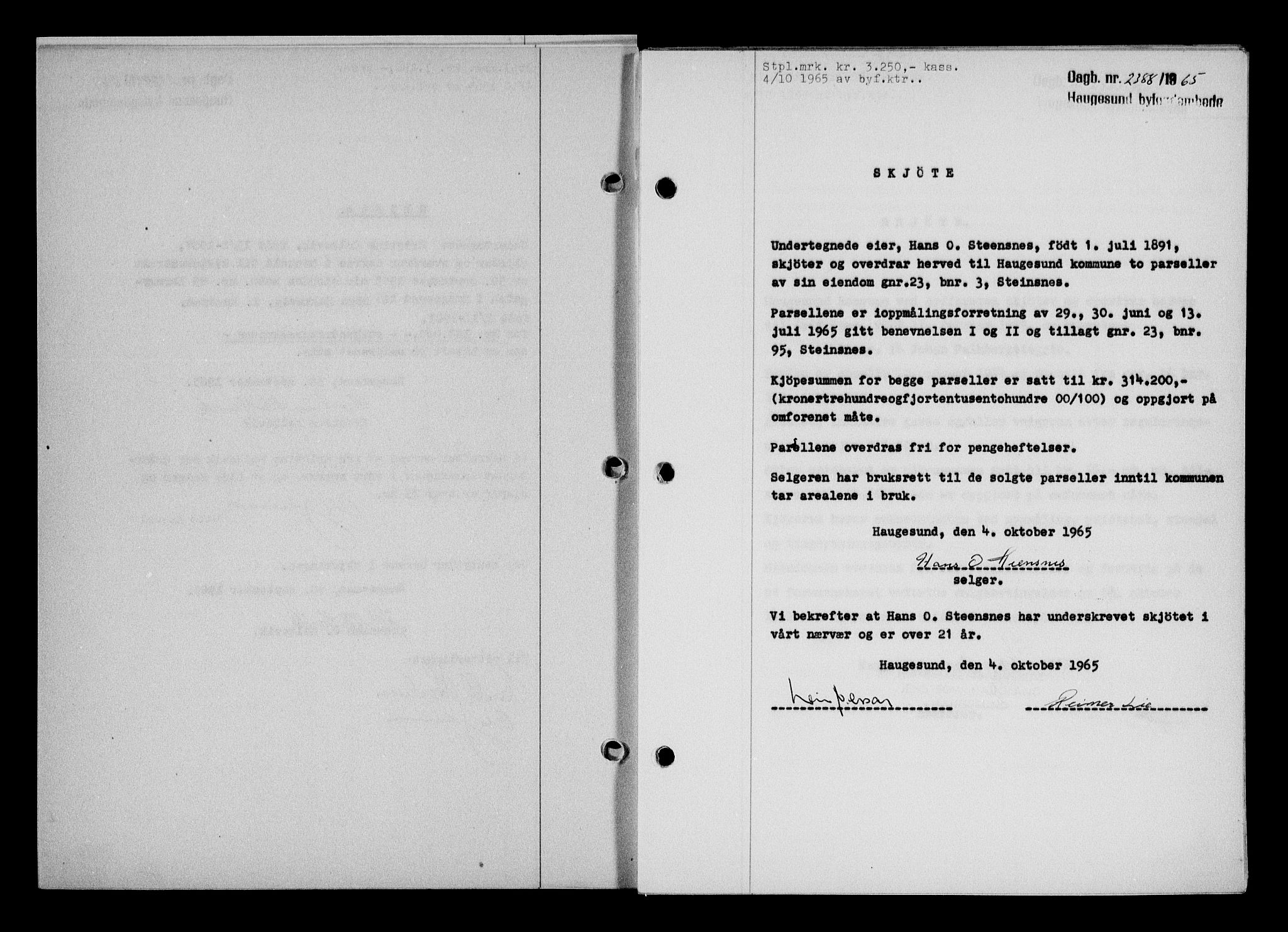 Haugesund tingrett, AV/SAST-A-101415/01/II/IIC/L0076: Mortgage book no. A 17, 1965-1966, Diary no: : 2388/1965