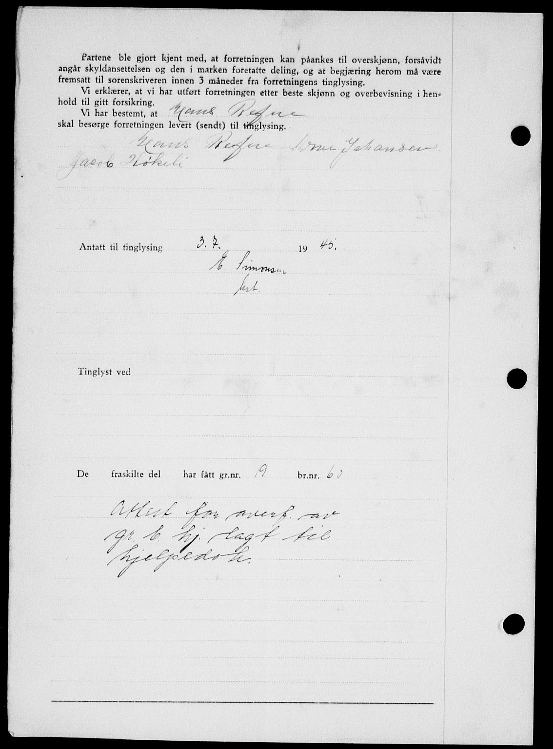 Onsøy sorenskriveri, AV/SAO-A-10474/G/Ga/Gab/L0014: Mortgage book no. II A-14, 1944-1945, Diary no: : 1005/1945