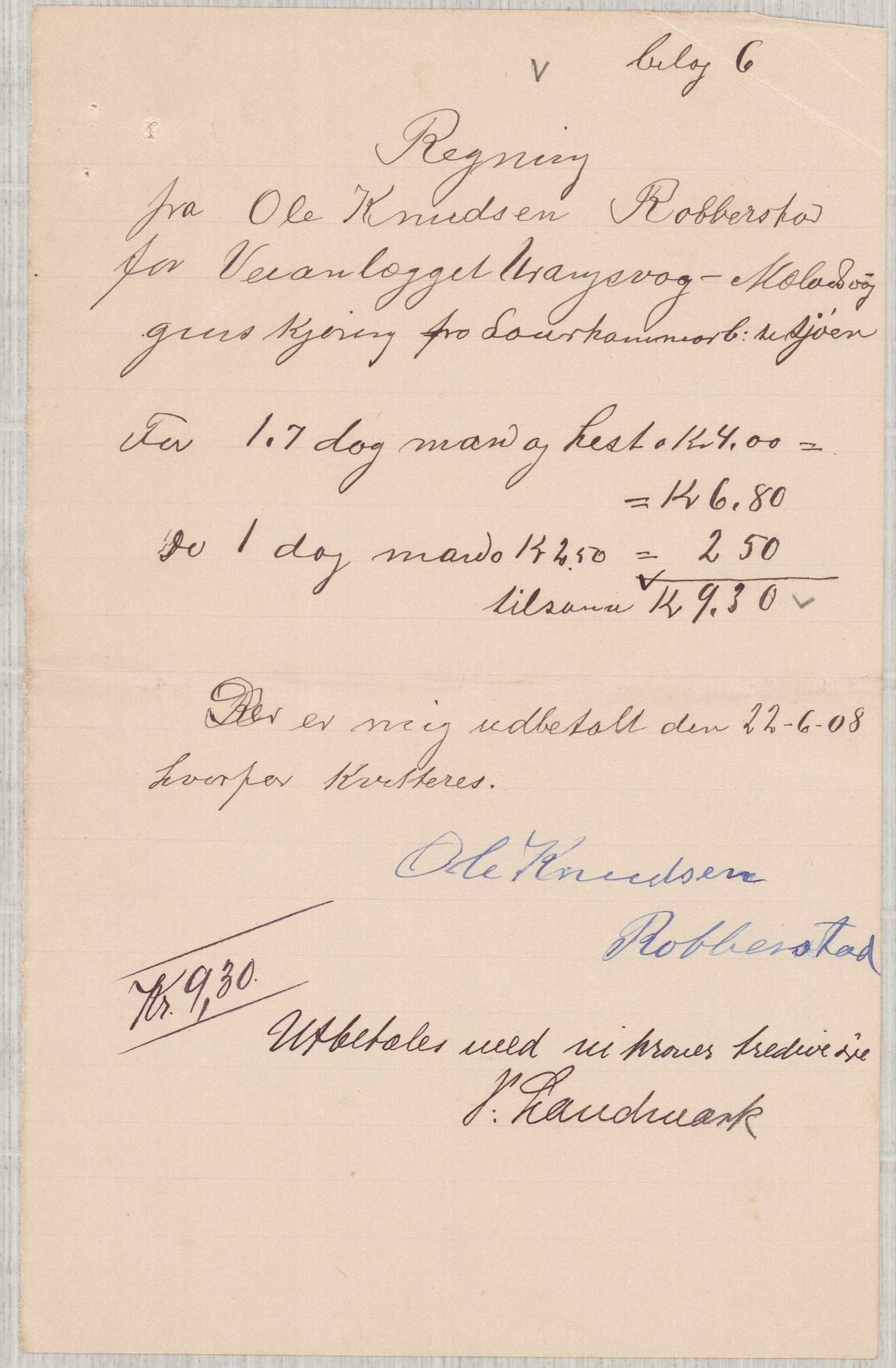 Finnaas kommune. Formannskapet, IKAH/1218a-021/E/Ea/L0002/0005: Rekneskap for veganlegg / Rekneskap for veganlegget Urangsvåg - Mælandsvåg, 1907-1909, p. 41