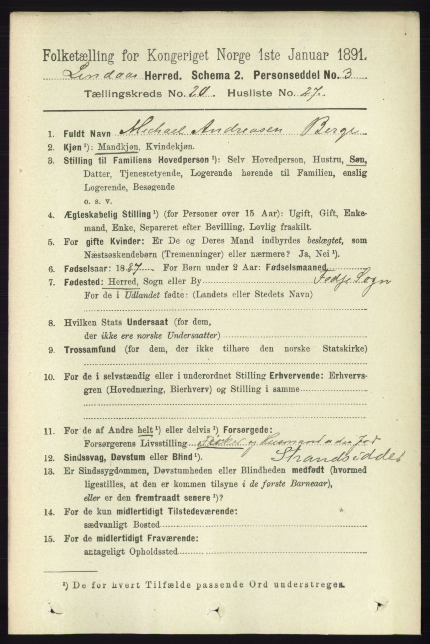 RA, 1891 census for 1263 Lindås, 1891, p. 7518