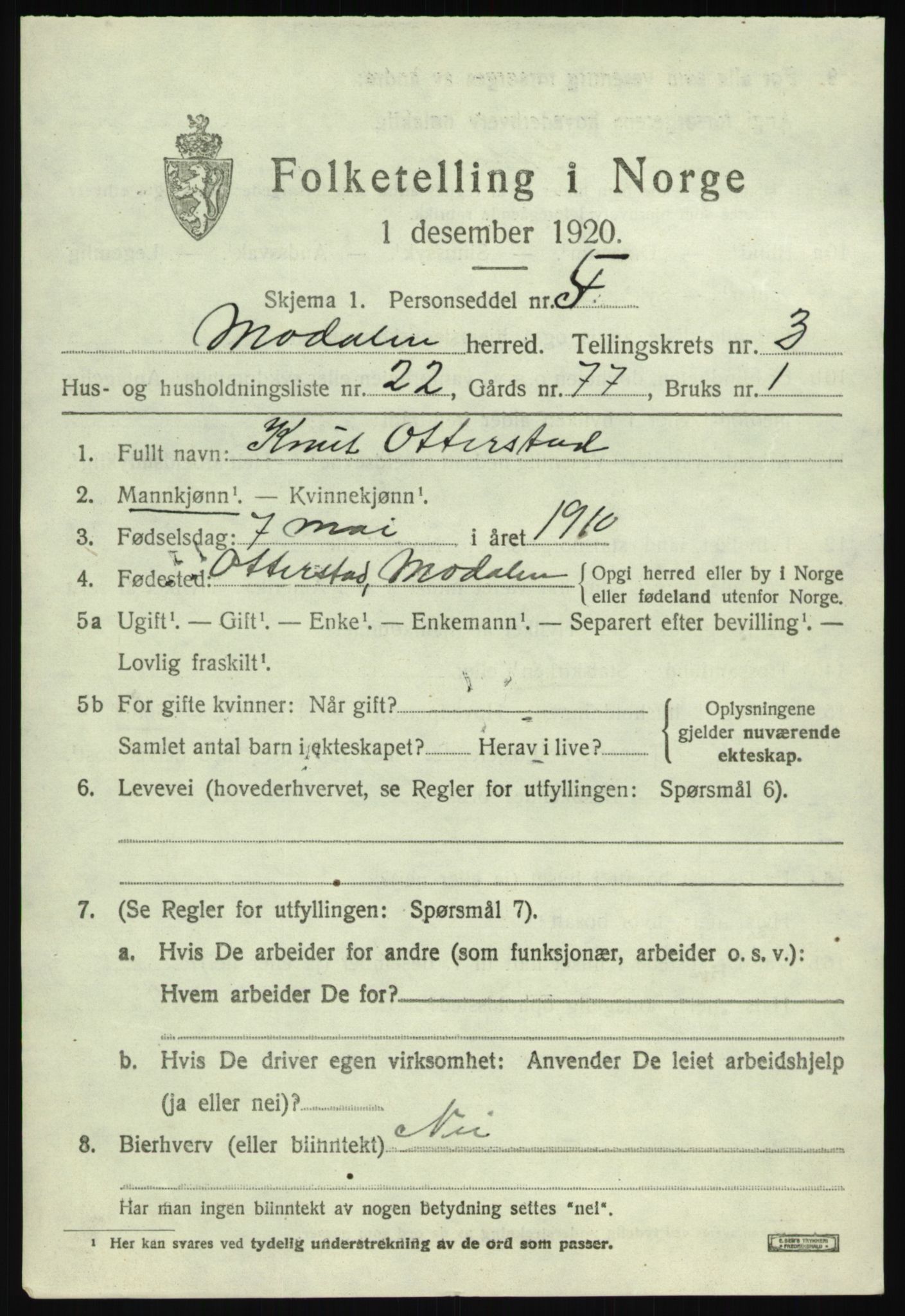 SAB, 1920 census for Modalen, 1920, p. 792