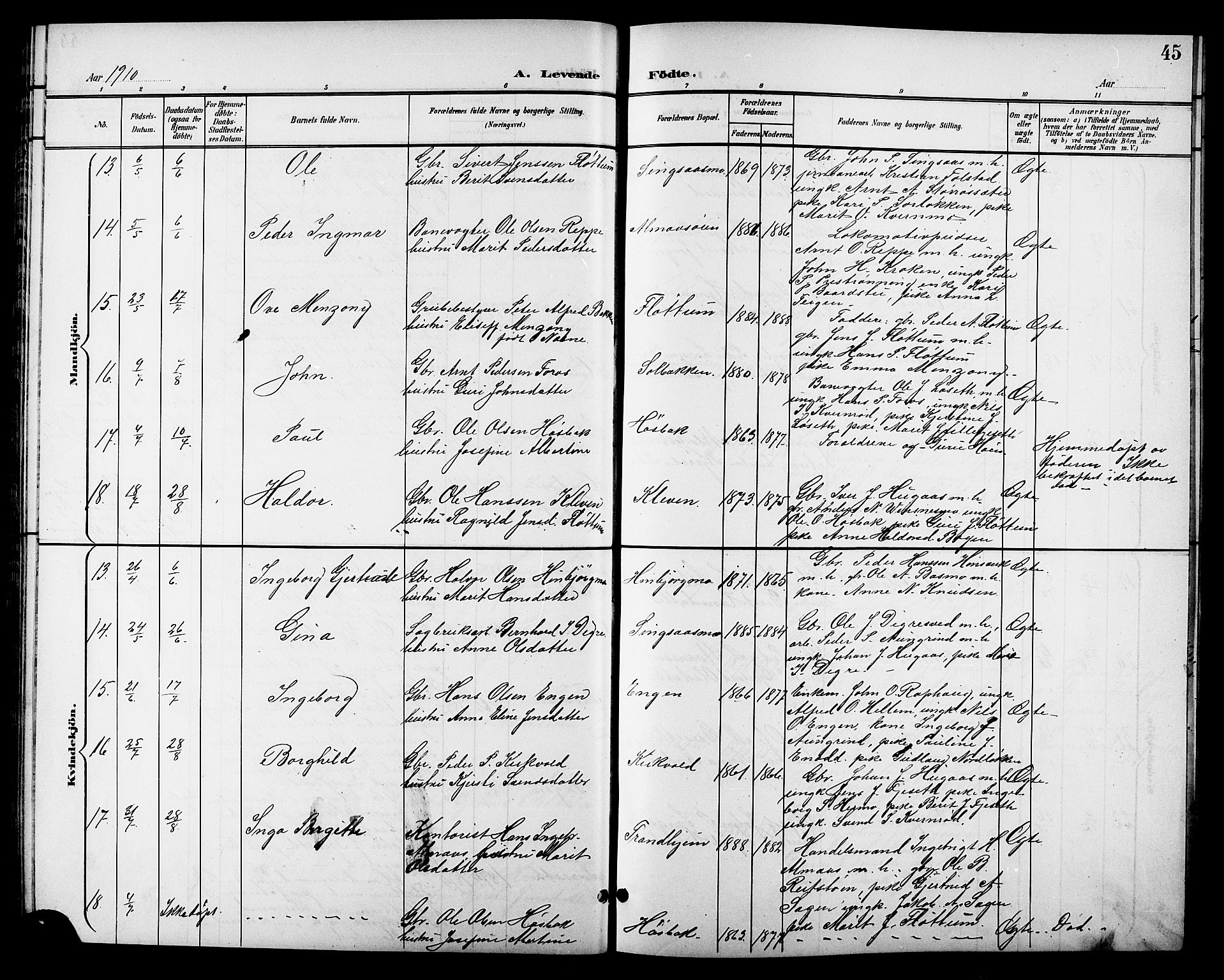 Ministerialprotokoller, klokkerbøker og fødselsregistre - Sør-Trøndelag, AV/SAT-A-1456/688/L1029: Parish register (copy) no. 688C04, 1899-1915, p. 45