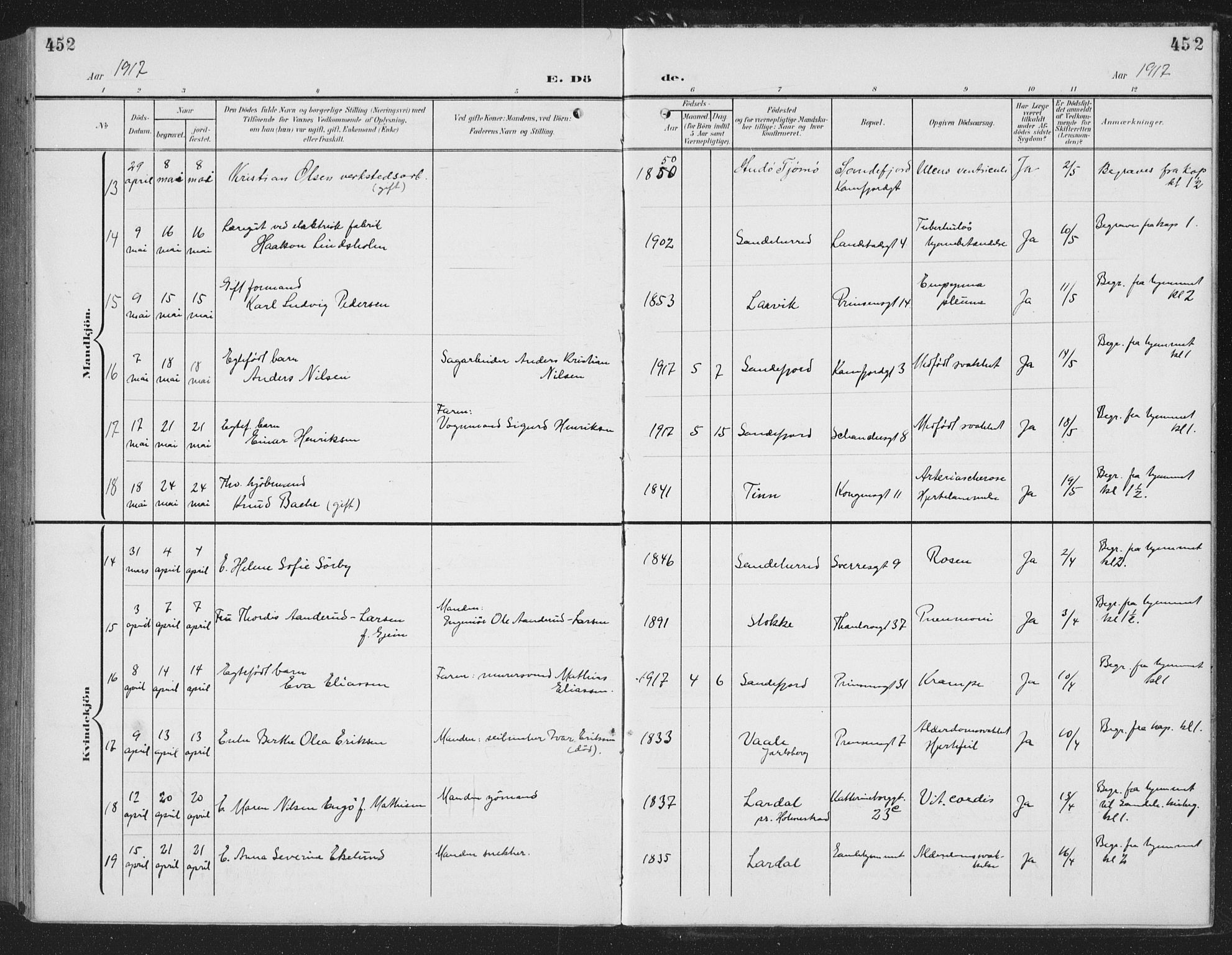 Sandefjord kirkebøker, AV/SAKO-A-315/G/Ga/L0003: Parish register (copy) no. 3, 1903-1920, p. 452