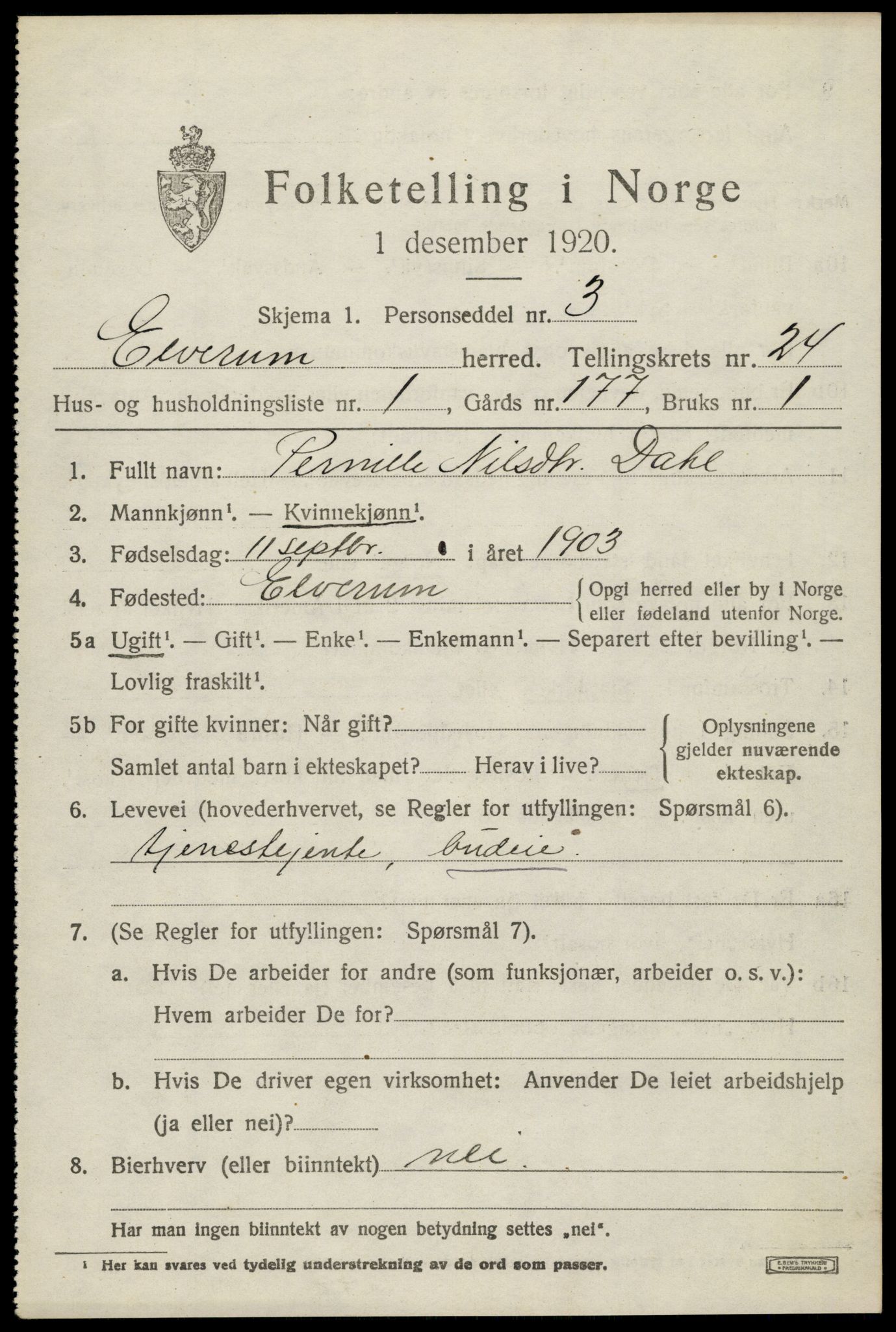 SAH, 1920 census for Elverum, 1920, p. 25514