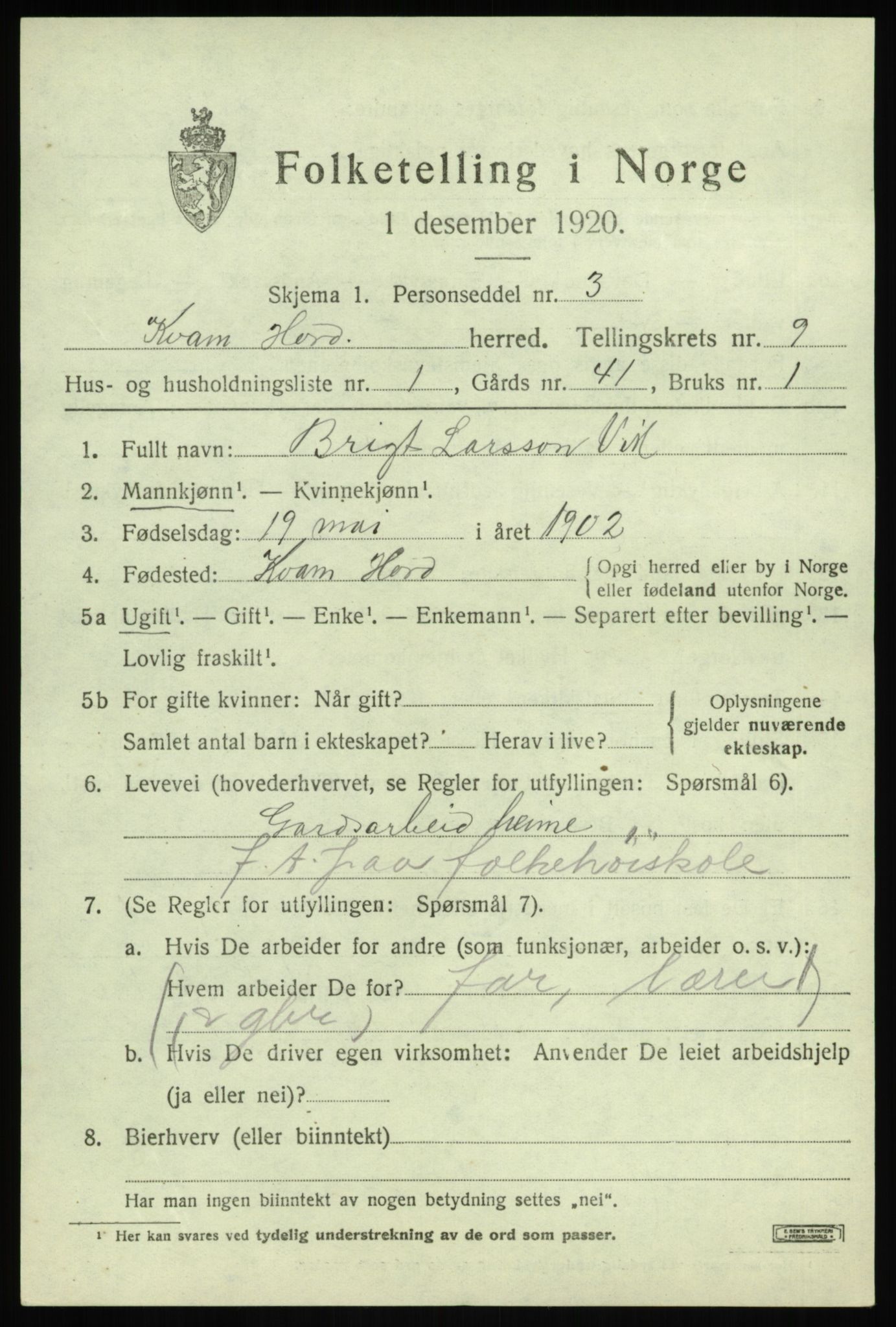 SAB, 1920 census for Kvam, 1920, p. 5649