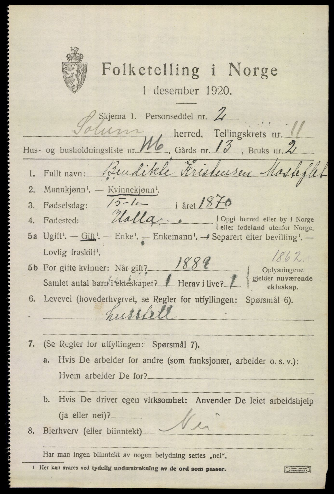 SAKO, 1920 census for Solum, 1920, p. 17020