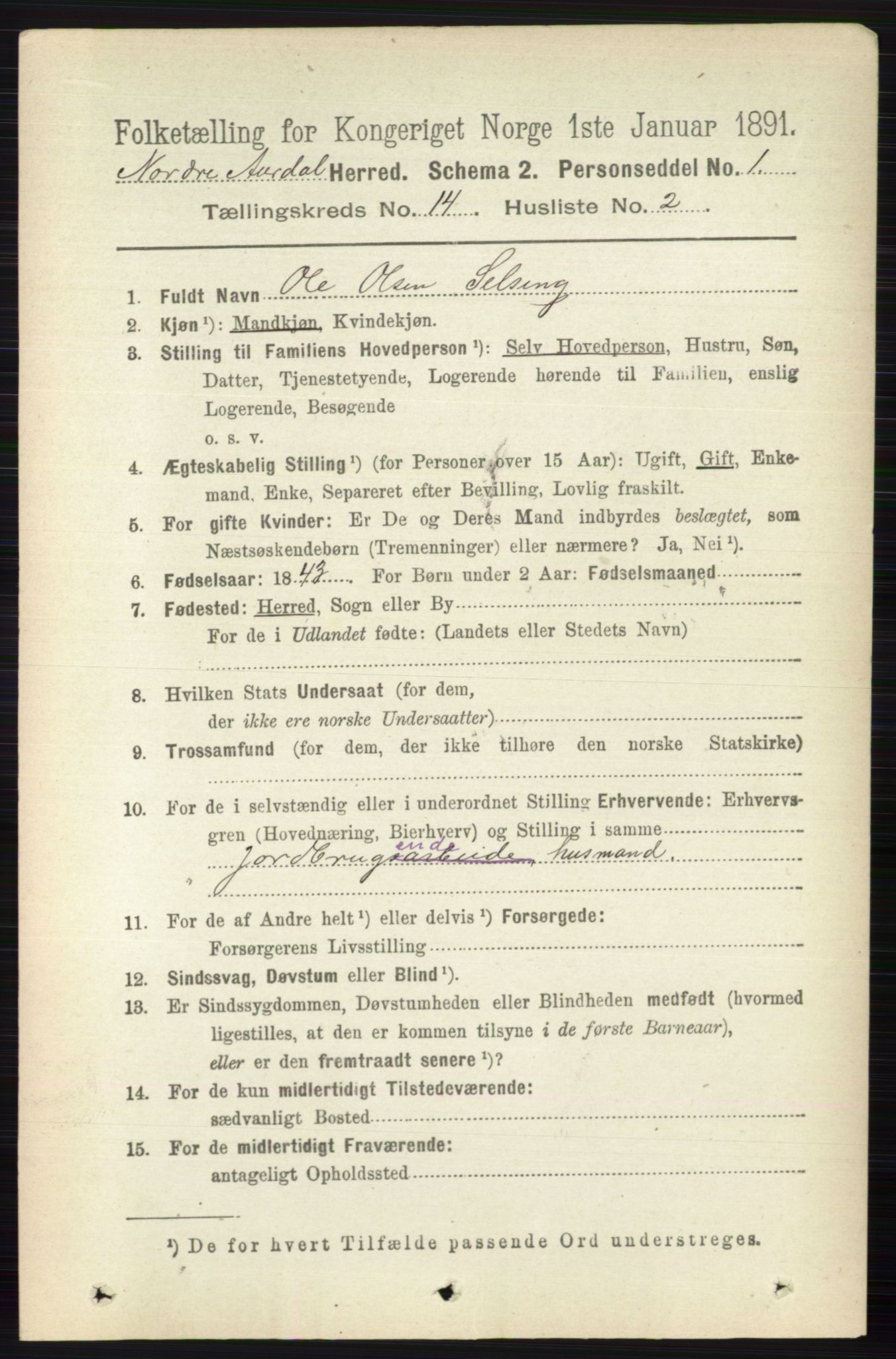 RA, 1891 census for 0542 Nord-Aurdal, 1891, p. 5216