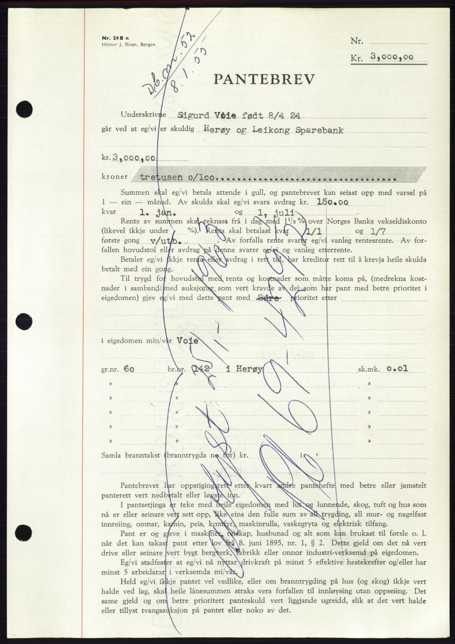 Søre Sunnmøre sorenskriveri, AV/SAT-A-4122/1/2/2C/L0126: Mortgage book no. 14B, 1954-1955, Diary no: : 52/1955