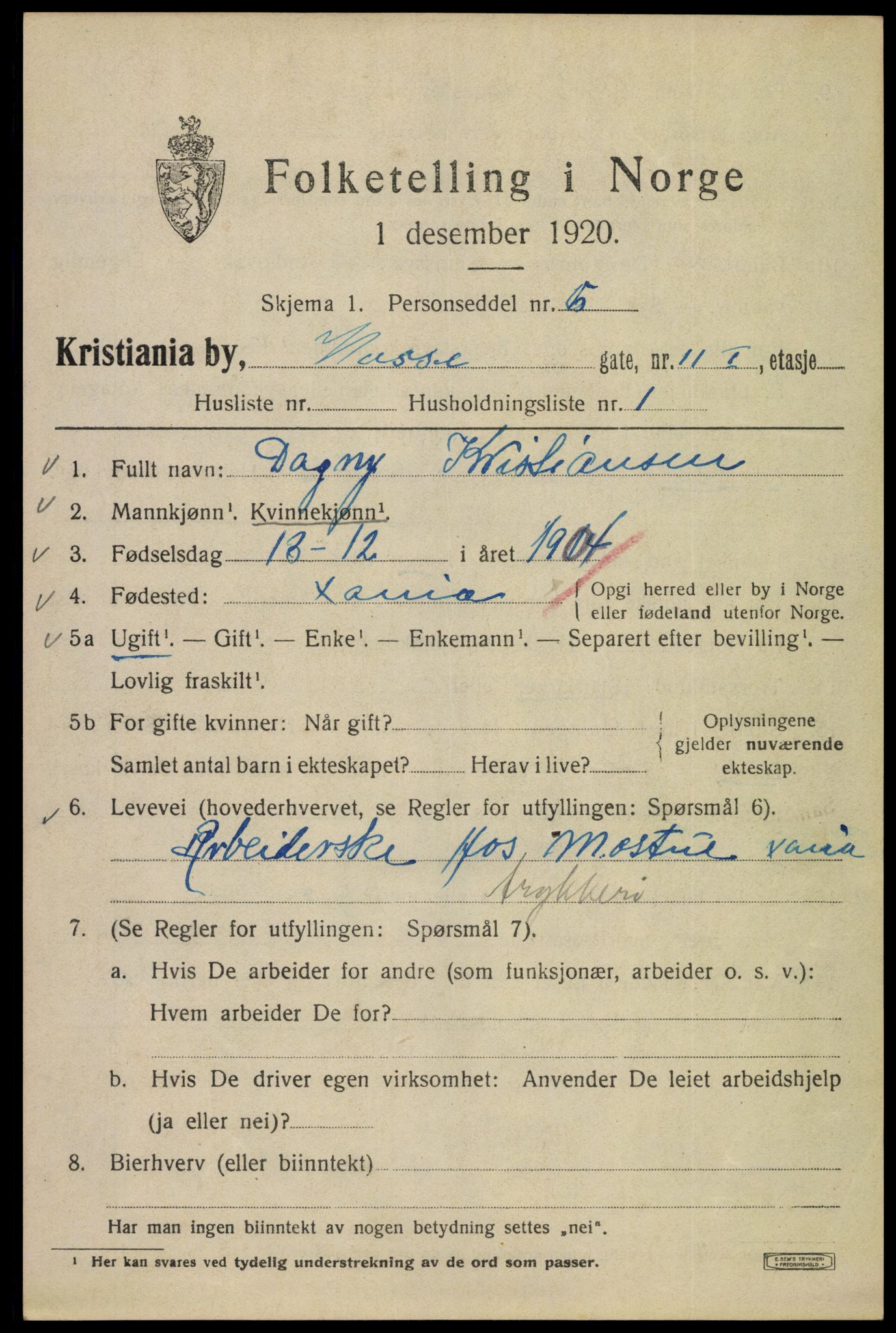 SAO, 1920 census for Kristiania, 1920, p. 644071