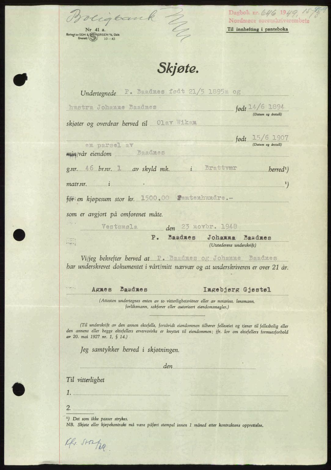 Nordmøre sorenskriveri, AV/SAT-A-4132/1/2/2Ca: Mortgage book no. A110, 1948-1949, Diary no: : 646/1949