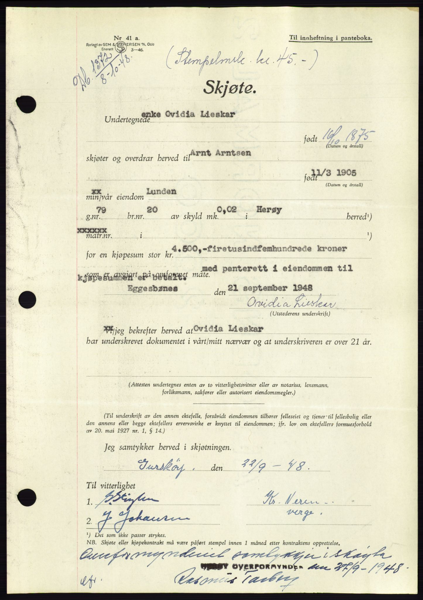 Søre Sunnmøre sorenskriveri, AV/SAT-A-4122/1/2/2C/L0083: Mortgage book no. 9A, 1948-1949, Diary no: : 1372/1948