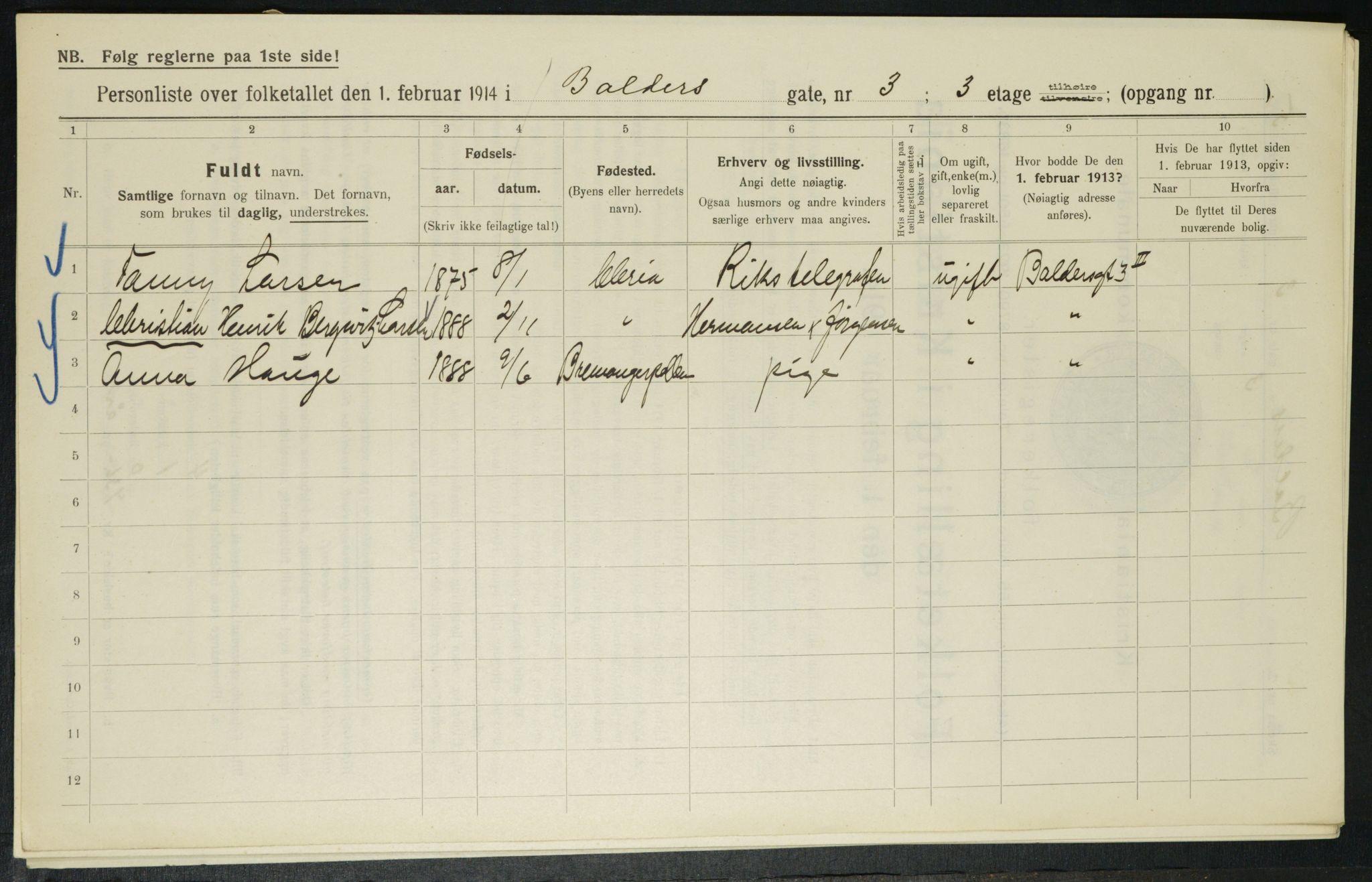 OBA, Municipal Census 1914 for Kristiania, 1914, p. 3056