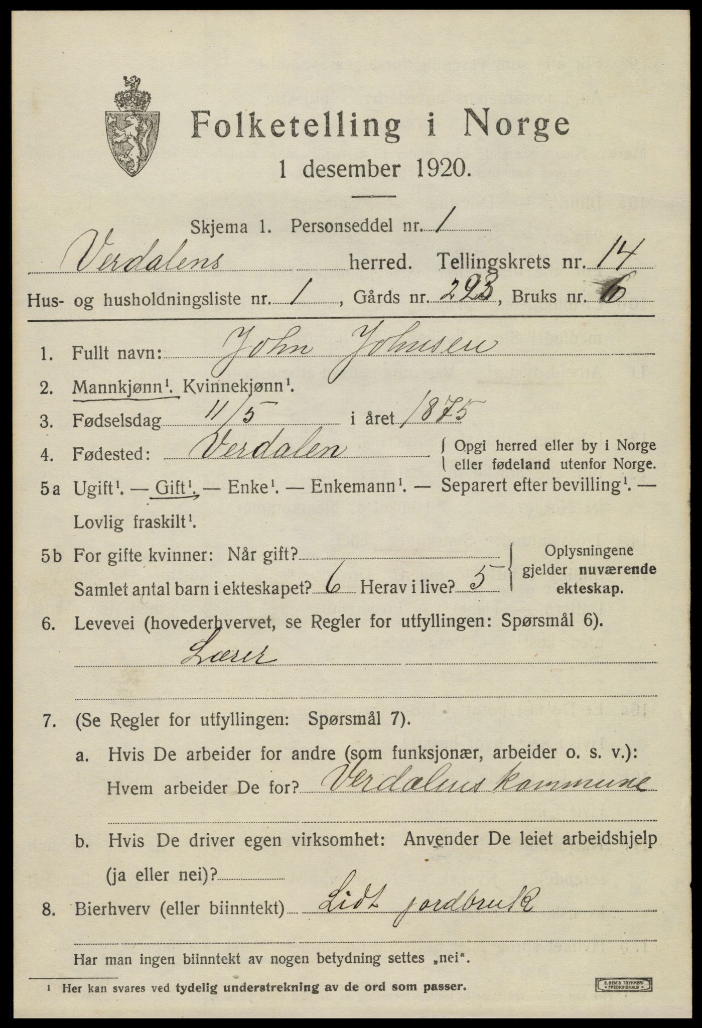 SAT, 1920 census for Verdal, 1920, p. 13663