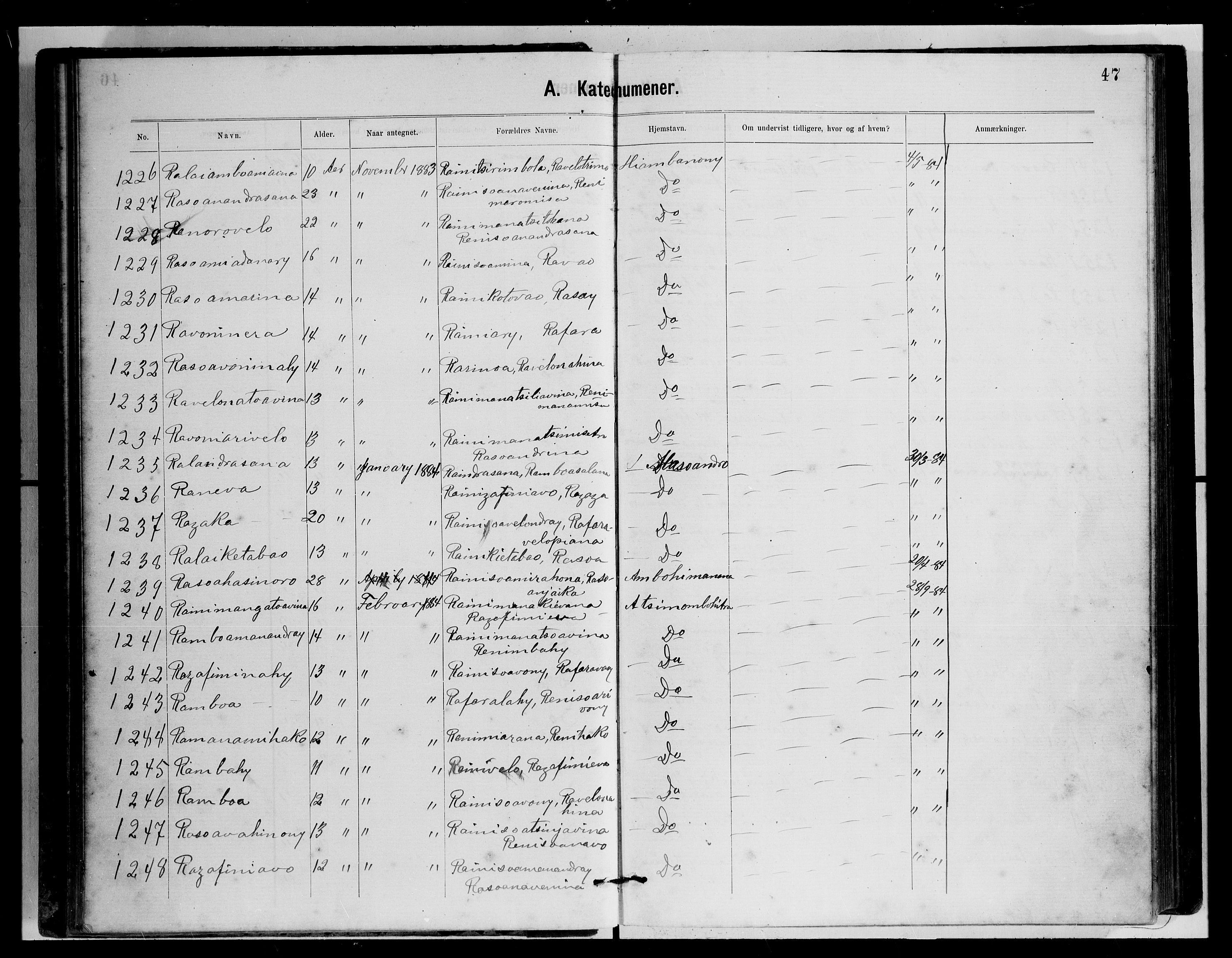 Archives FLM/NMS, Madagaskar, VID/MA-A-1163/D/Db/L0269: Parish register (official) no. 1, 1867-1884, p. 47