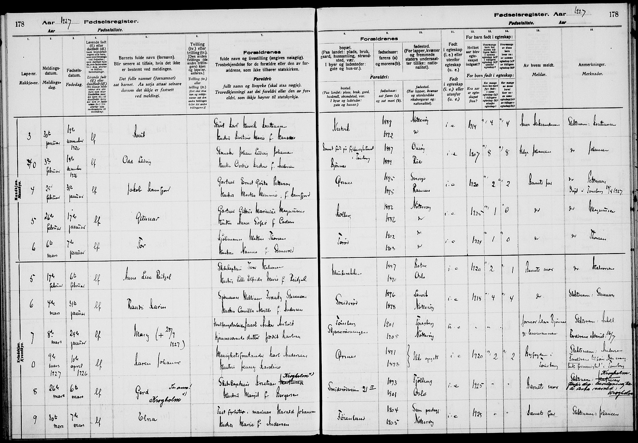 Nøtterøy kirkebøker, AV/SAKO-A-354/J/Ja/L0001: Birth register no. 1, 1916-1928, p. 178